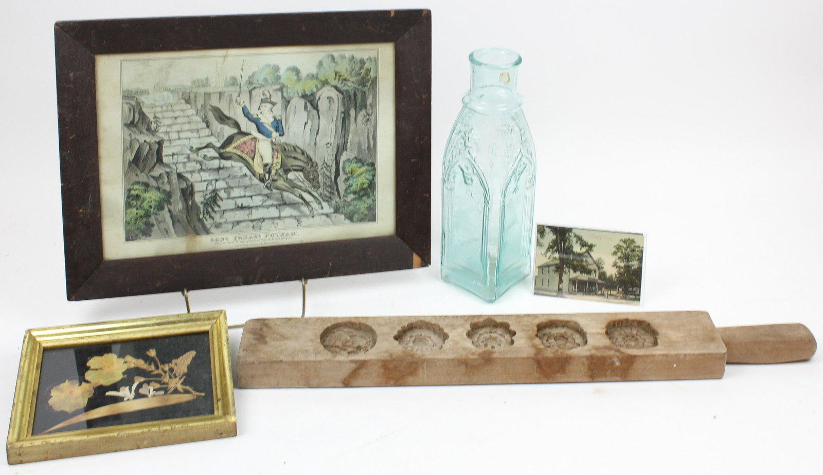 Cathedral Pickle, Israel Putnam, Lemon Gilt Frame: Cathedral pickle bottle with graphite pontil, J Baillie hand colored engraving of General Israel Putnam's Escape, lemon gilt frame, reproduction maple sugar mold signed and dated 1977, South Hero, VT 
