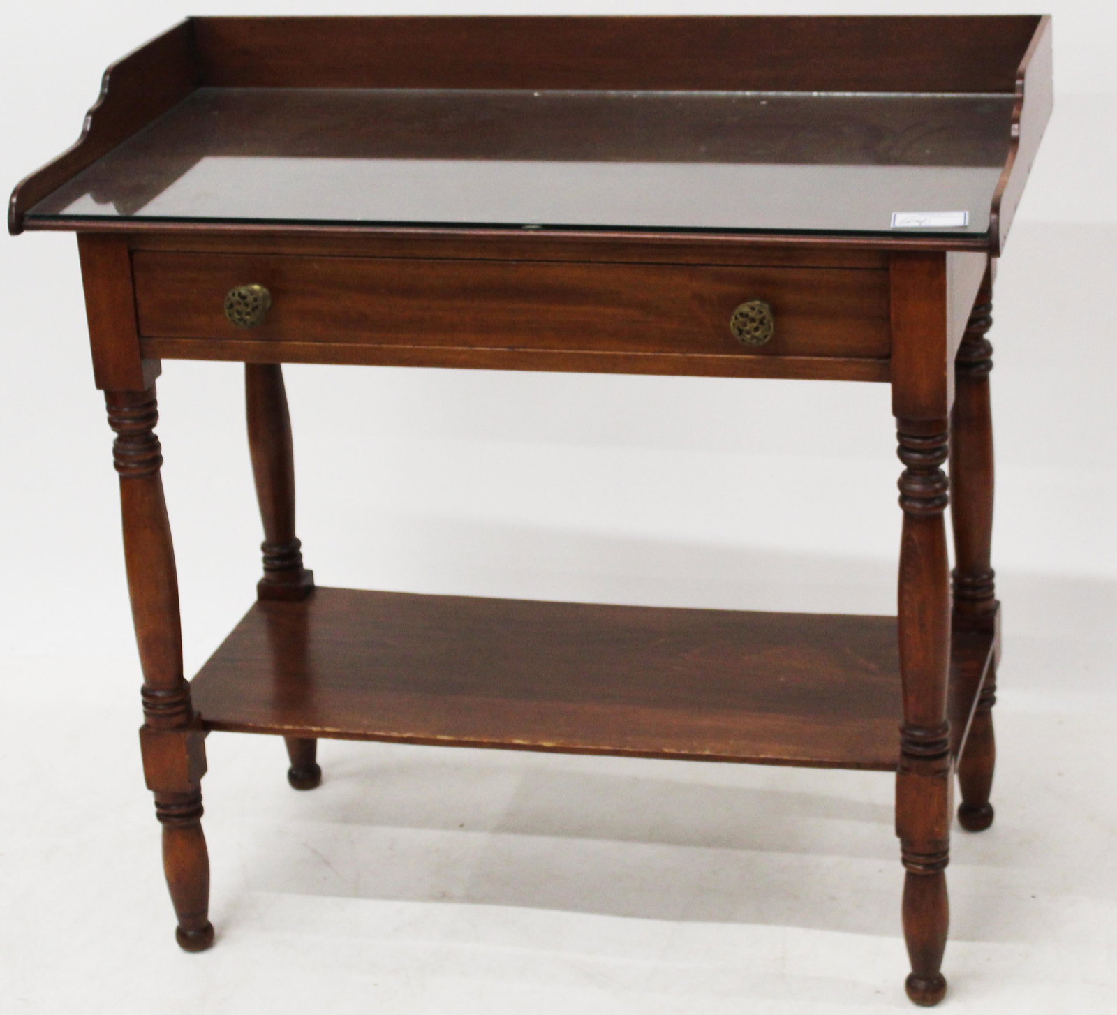 Sheraton Pine Dressing table: Sheraton Pine Dressing table with later glass top nicely refinished, 35 x 33 x 18"