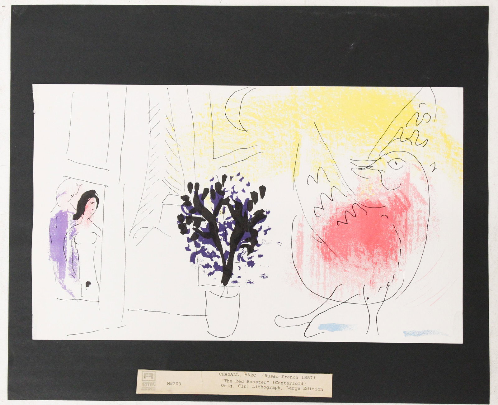 Marc Chagall Lithograph The Red Rooster: Marc Chagall (1887-1985) lithograph "The Red Rooster", old Roten label, image 9" x 15 1/4"