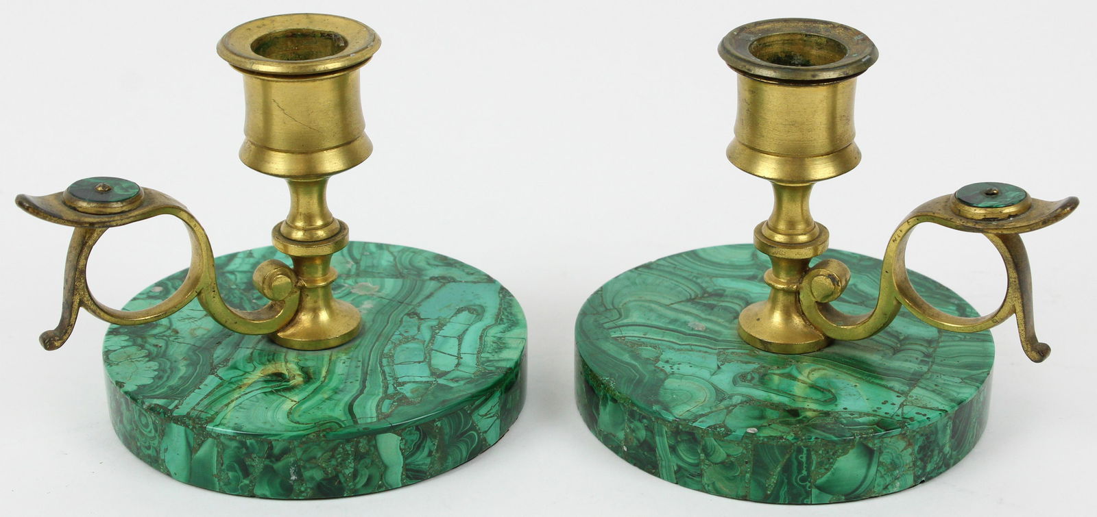 Russian Gilt Brass and Malachite Candlesticks: Russian gilt brass & malachite chamberstick candlesticks, one with small nick on base, ht 3 3/4", diameter 4 1/4"