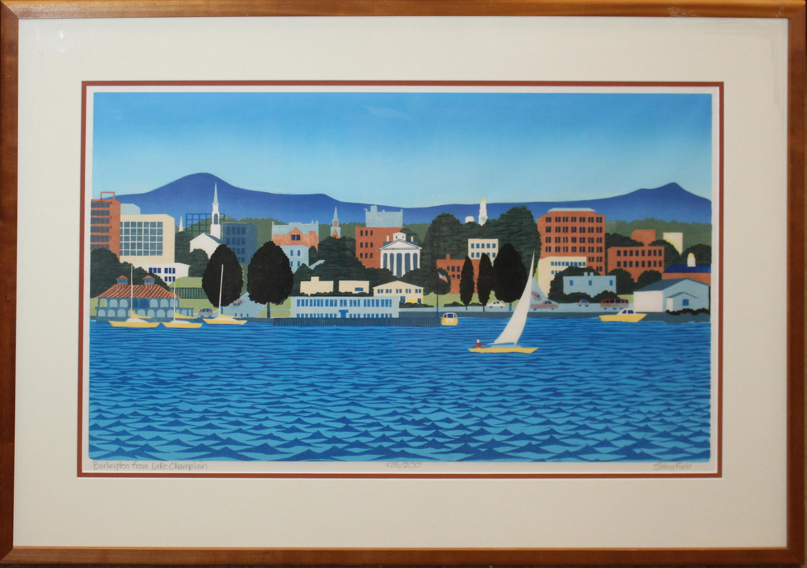 Sabra Field (VT 1935-) Burlington From Lake Champlain: Sabra Field (Vermont 1935-) Burlington from Lake Champlain woodblock print editioned 125/200 plate 16 x 28" signed and editioned lower margin