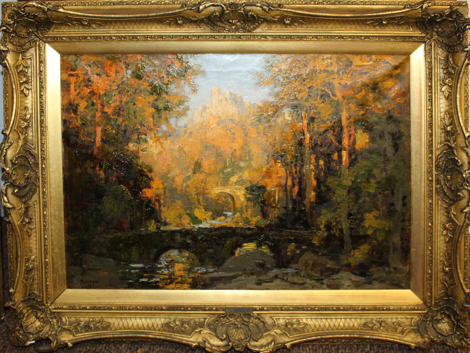 Thomas Edwin Mostyn (EN 1864-1930) Dream Castle: Thomas Edwin Mostyn (Tom Mostyn) (English 1864-1930) Dream Castle oil on canvas signed lower left retaining old Watson Galleries Montreal exhibition tag with title. 20 x 28"