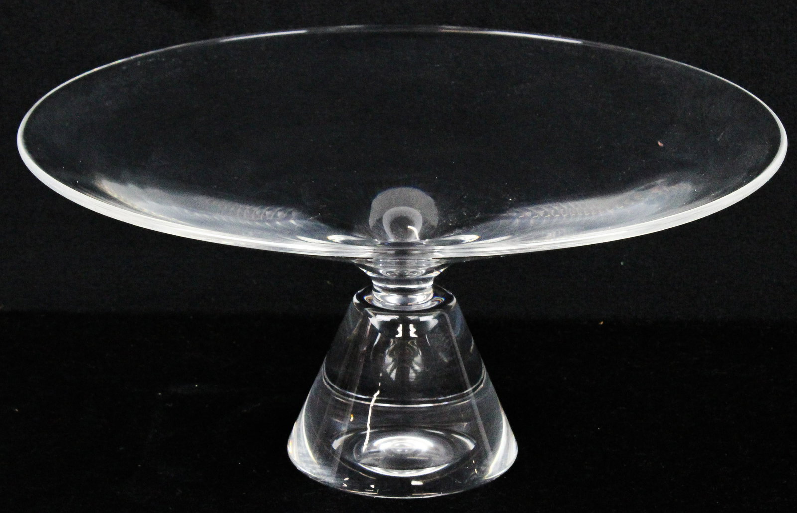 Steuben Mid Century Art Glass Compote: Signed Steuben mid-century blown crystal art glass compote on tapered triangular base 5.5"-11.75"