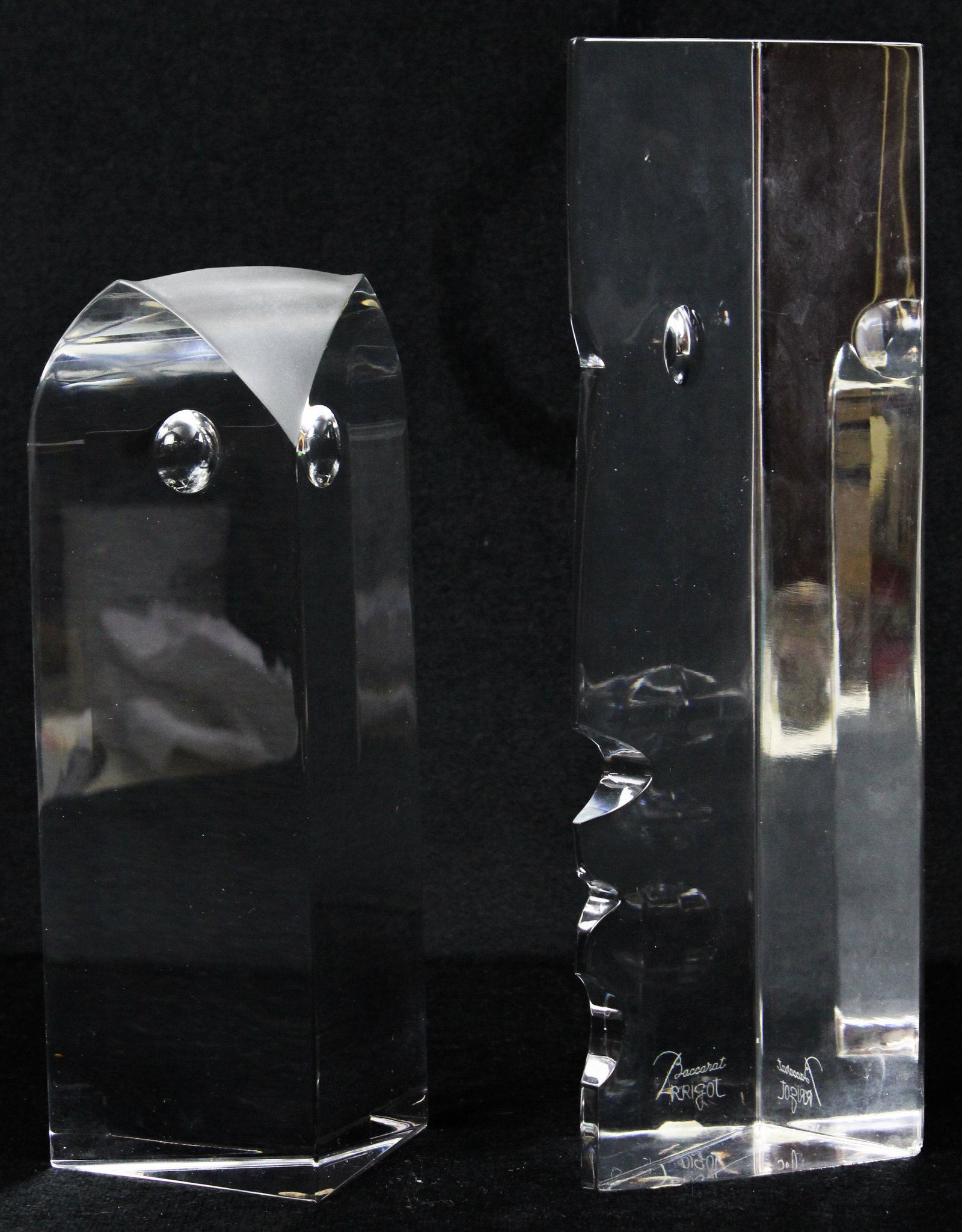 Baccarat and Val St. Lambert Crystal Profiles: 2 contemporary crystal French art glass abstract profile sculptures including R. Rigot Baccarat human face and Val St. Lambert owl 10.25" x 3.25", 8.25" x 4"