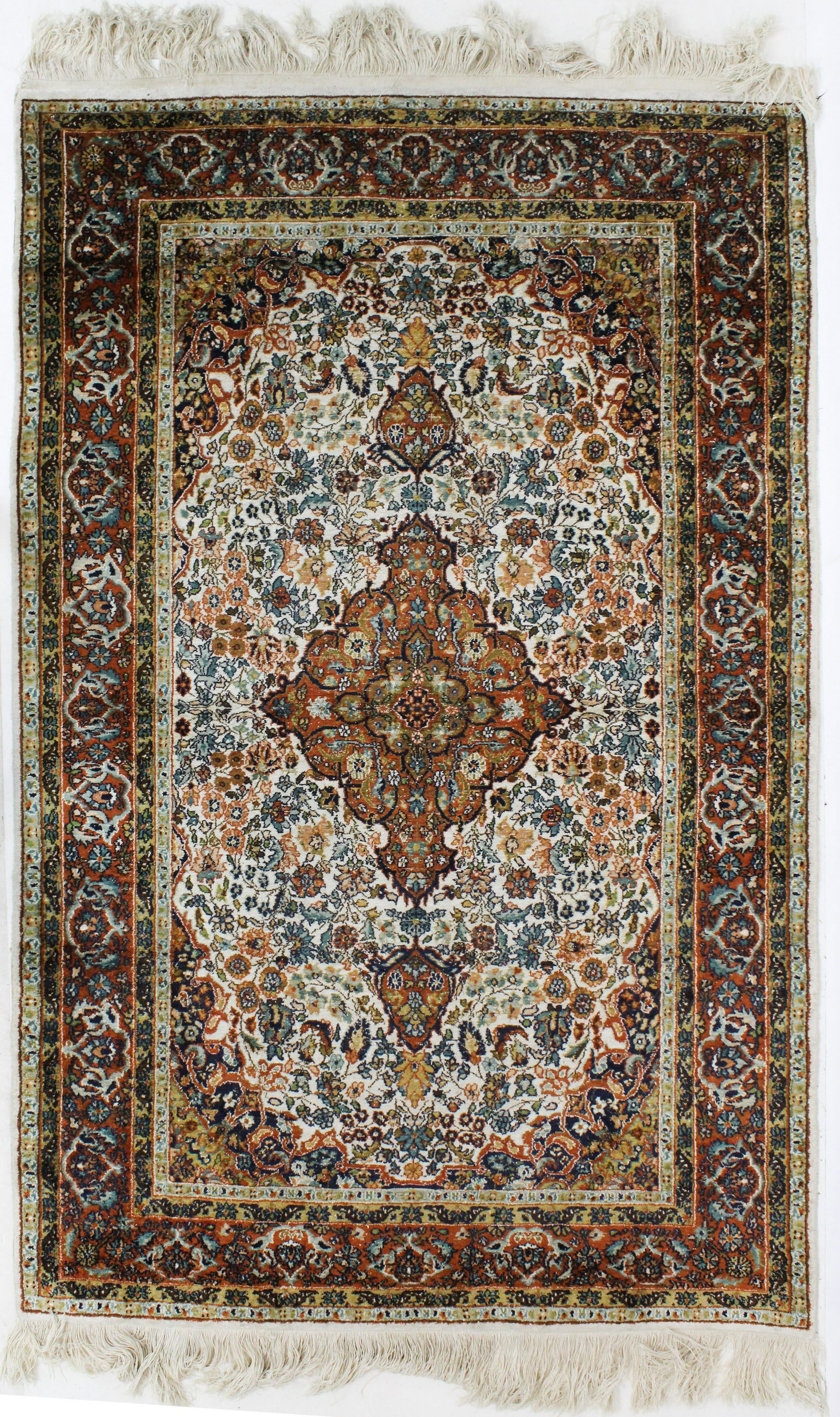 Late 20th c Persian Area Rug: Mid 20th c Persian area rug, silk and cotton, fine weave, areas of losses, 3' 11" x 6' 1" (matches Lot 94)