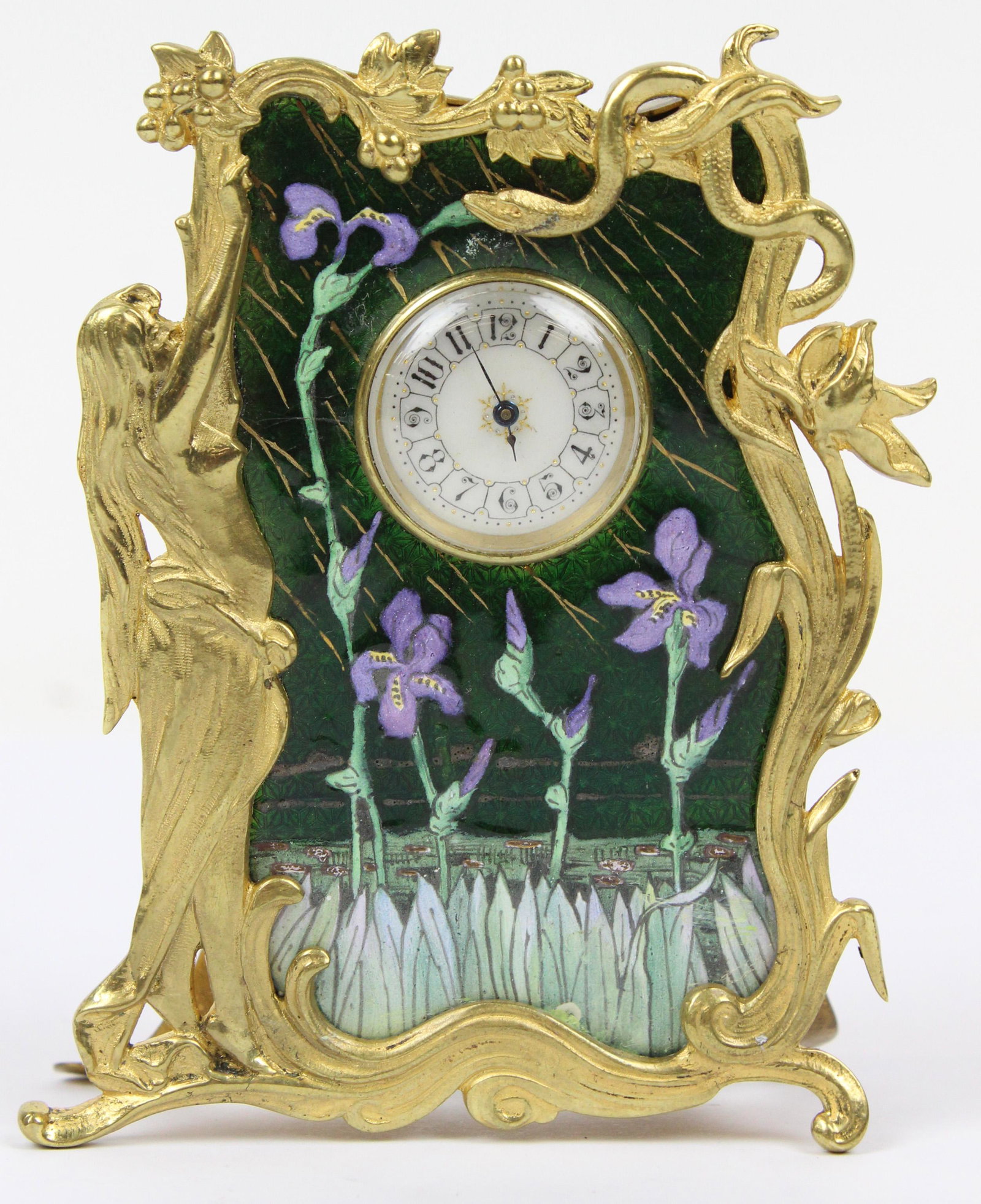 Art Nouveau Gilt and Enamel Desk Clock: Art Nouveau gilt brass and enamel desk clock, ht 4"