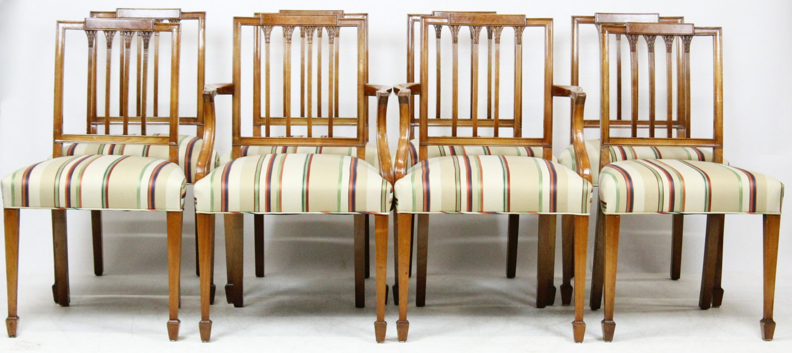 Set of 8 Hepplewhite Side Chairs: Set of 8 20th c Hepplewhite cherry side chairs. Burl panel upper backs, 4 reeded spindles, taper legs, & spade feet. 6 sides and 2 arms.