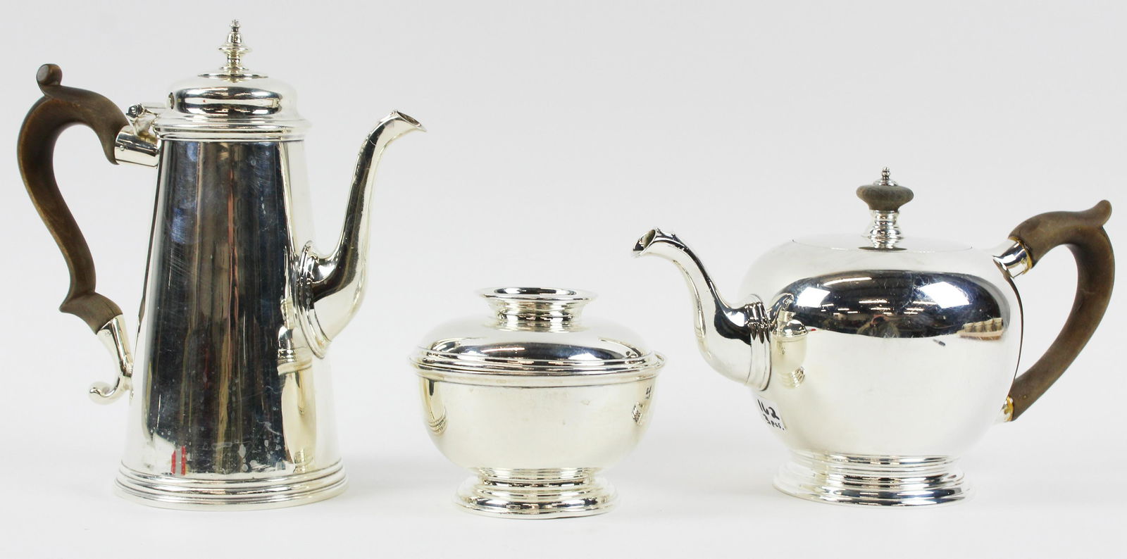 Robert Ensko NYC Sterling 3 pc. Tea Set: 3 pcs. fine Robert Ensko NYC 18th c. reproduction sterling silver hollowware including coffee pot, teapot and covered sugar bowl ht. 4"-9" approximately 54 troy oz. estimated -teapot handle repaired,