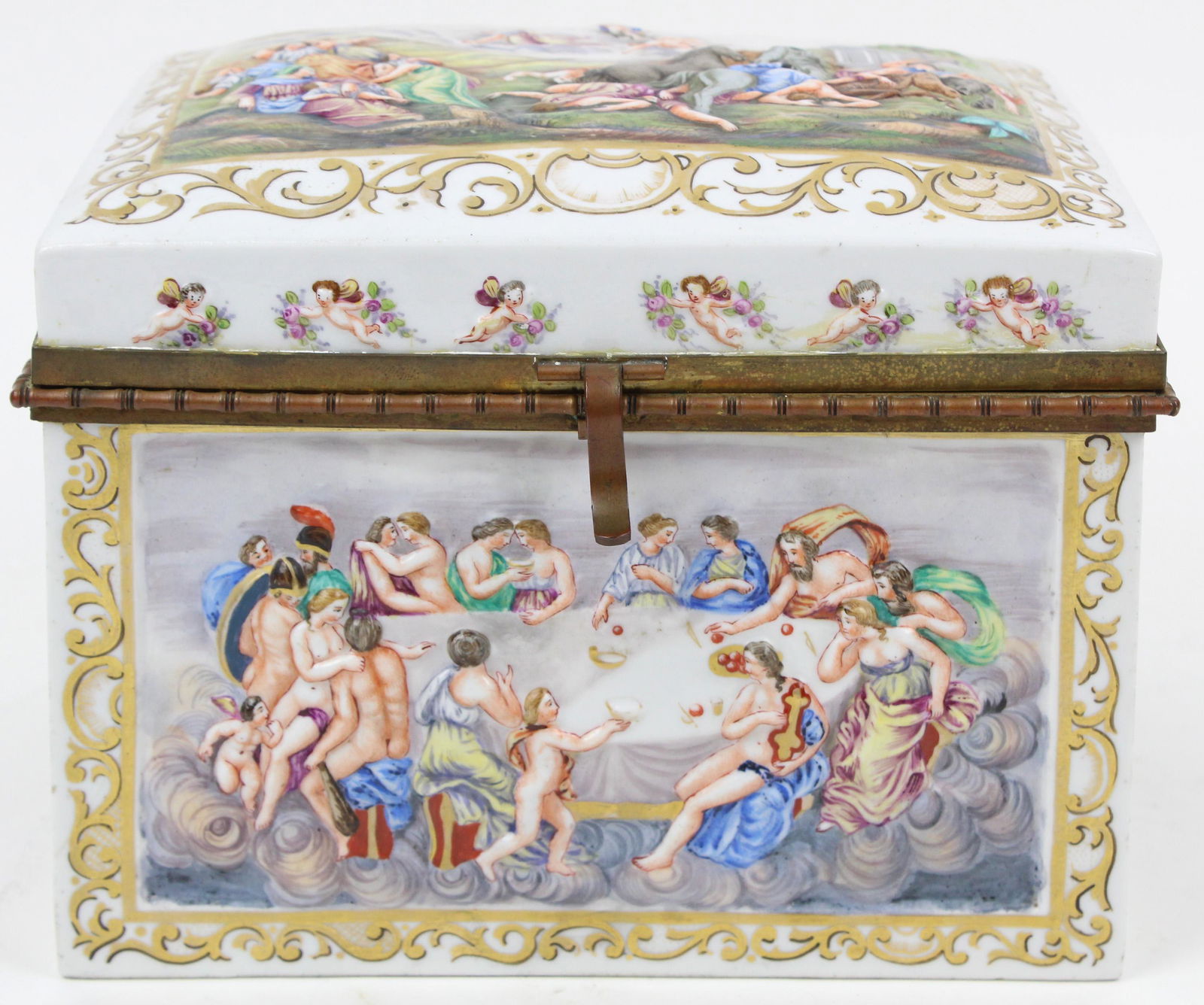 Late 19th c. Capodimonte Porcelain Jewel Casket: Late 19th c. Italian Capodimonte porcelain jewelry casket, featuring handpainted raised relief allegorical scenes of bacchanalian celebrations, set in gild brass hinged frame -lid repaired 6.5" x 8.5"
