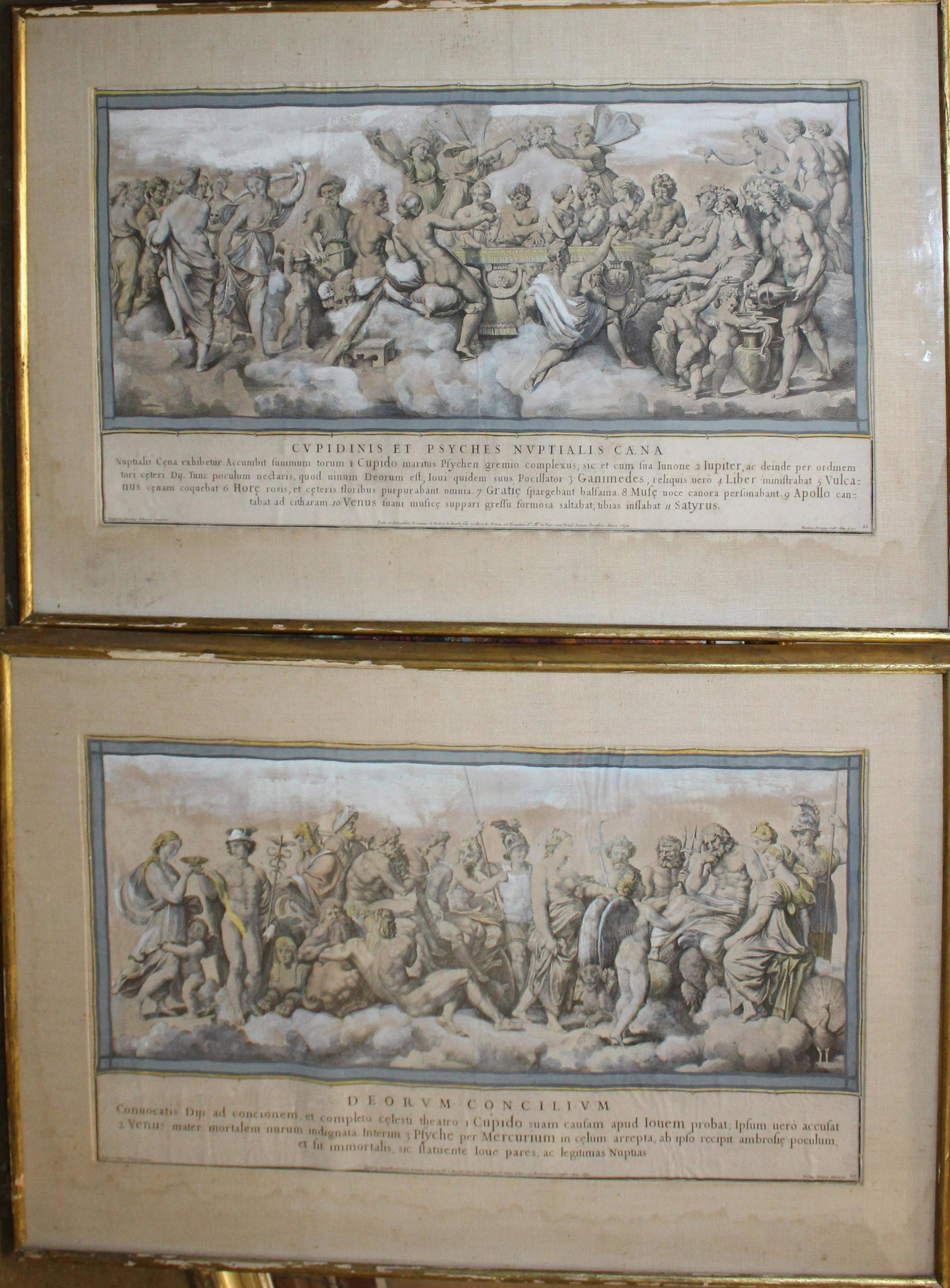 Pair of 1693 Engravings after Raphael Sanzio Di Urbino: Pair of 1693 Engravings by Nicholas Dorigny with gouache highlights of classical deities after works by Raphael Sanzio Di Urbino paper appears to be laid down, each measures 15 x 27"