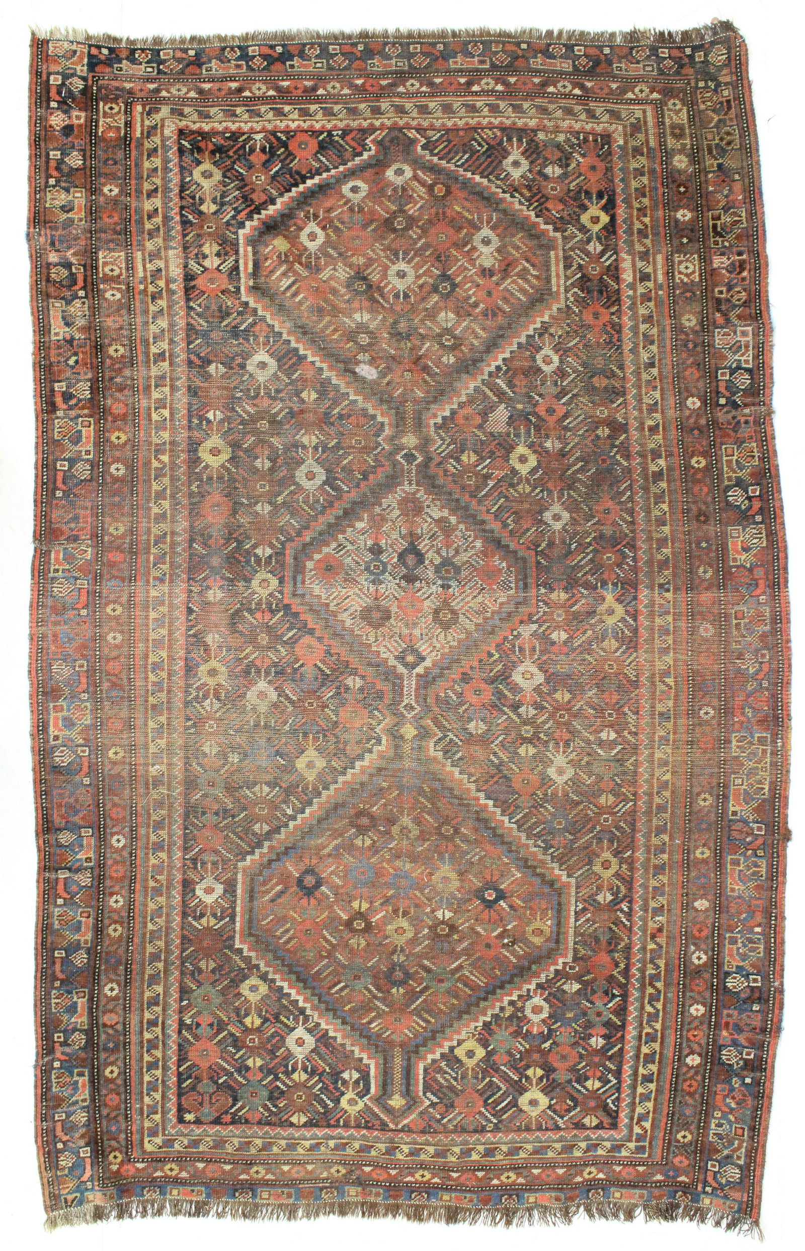 Early 20th c Persian Area Rug: Early 20th c Persian Shiraz area rug, 3 medallions, all wool, allover wear, small foreign material spot, 4' 3" x 6' 8"