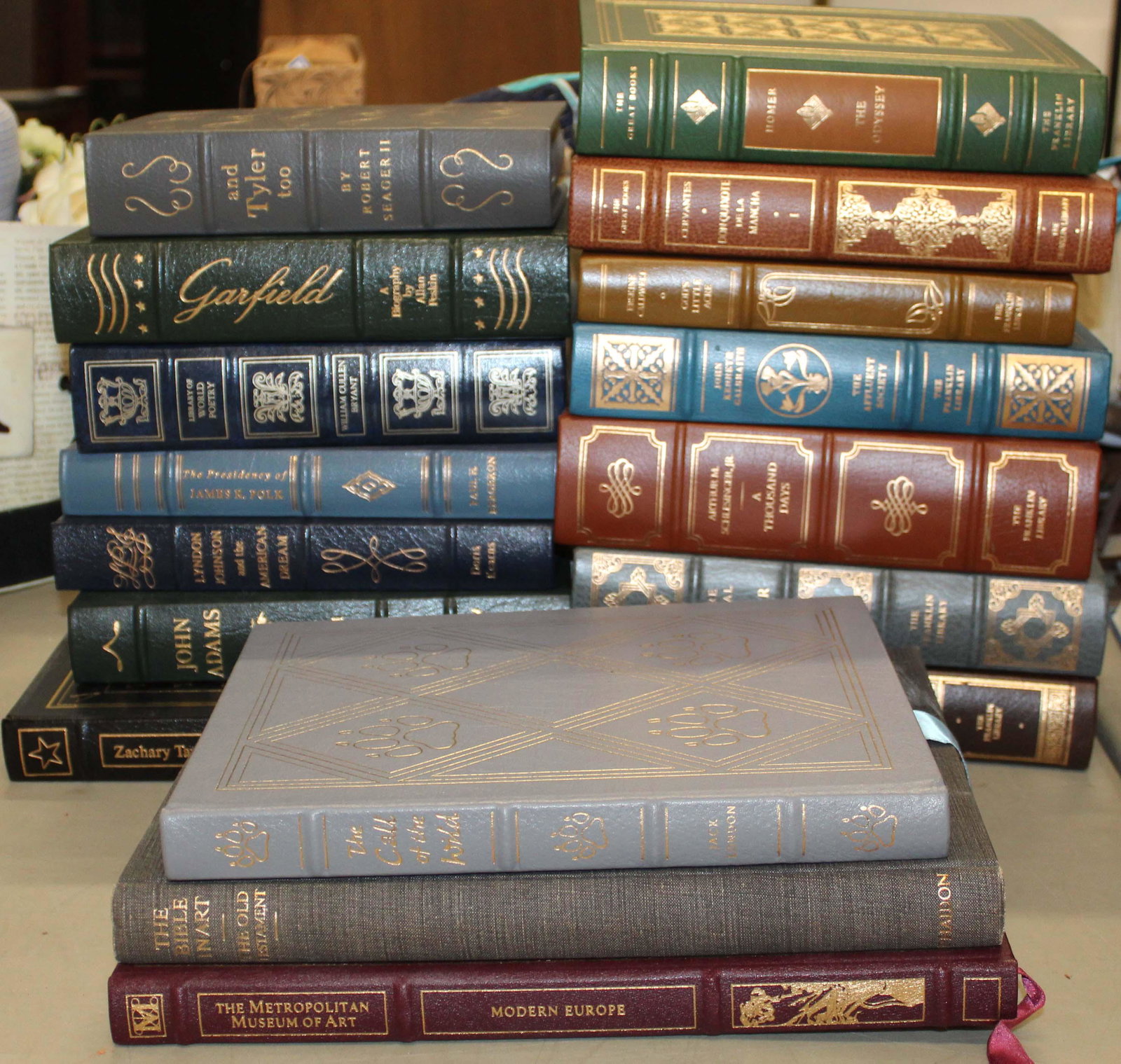Full Calf Gilt Books with Easton Press/ Franklin: Franklin Library Great Books including The Odyssey, Affluent Society, God's Little Acre, Don Quixote, Burr. A Thousand Days, The Naked and The Dead,- Easton Press including Presidents- Garfield, And T