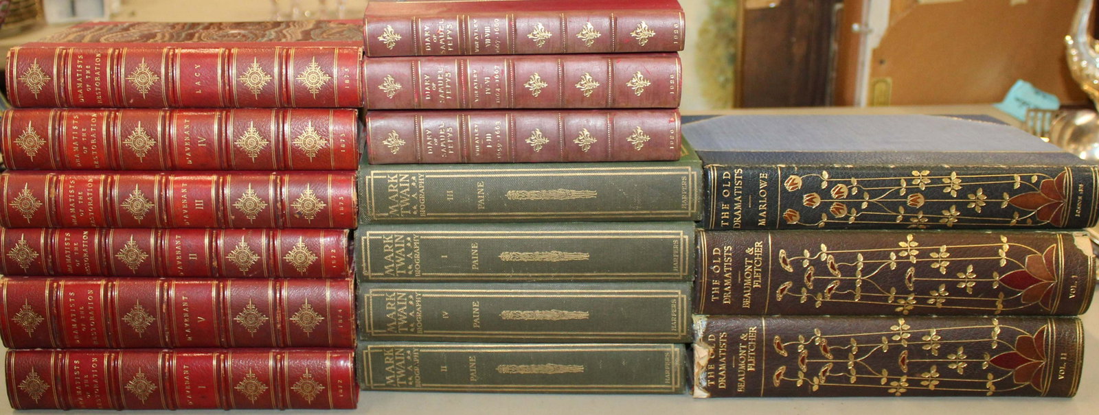 Lot of Bound Volumes on Drama and Writers: 1875 William Paterson Edenborough - Dramatists of the Restoration in six volumes 1/2 calf bound with marbled boards; 1883 George Rutledge - The Old Dramatists in three volumes- Diary of Samuel Pepys 1