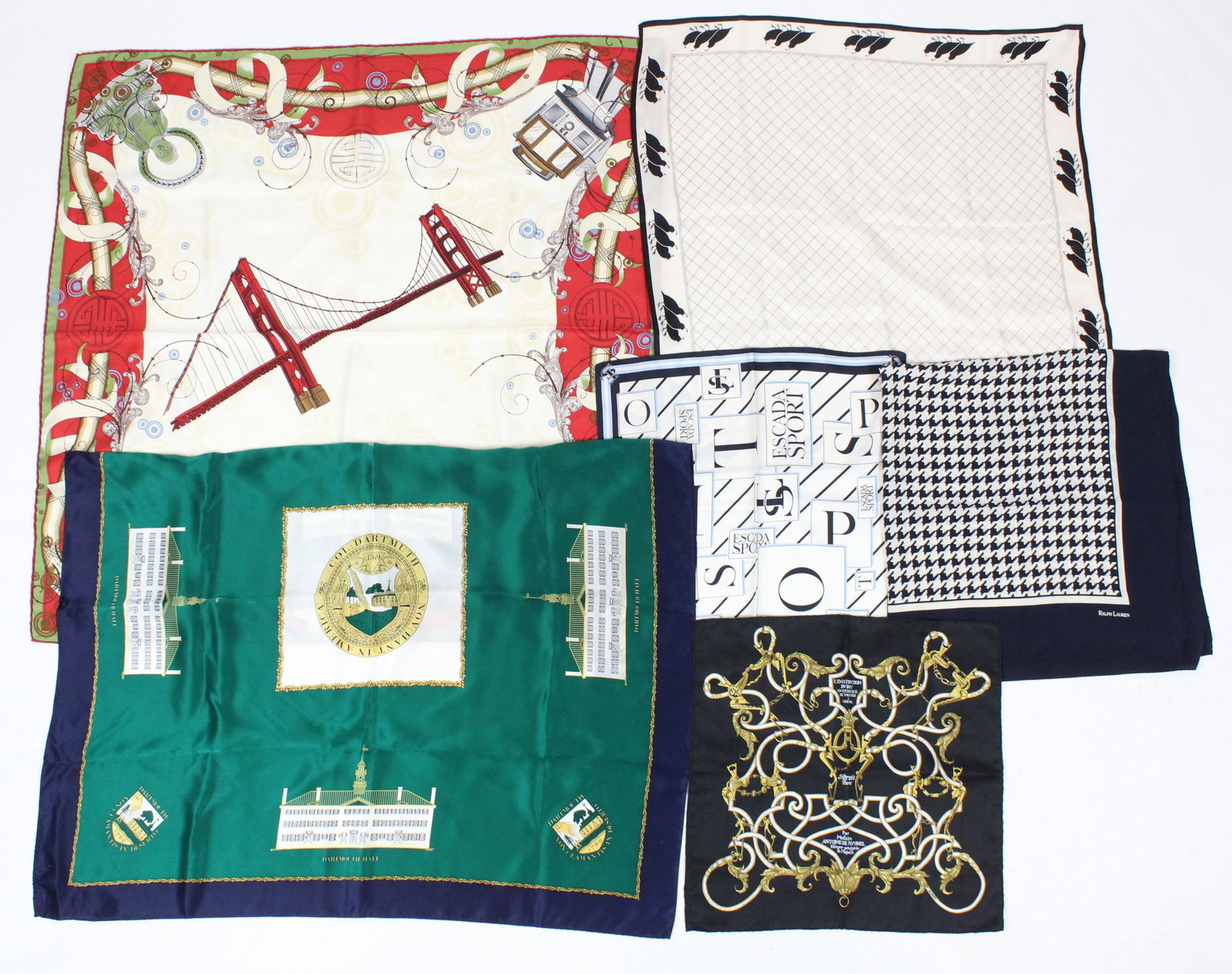 Six Designer Silk Scarves: Six designer silk scarves, Gumps "Golden Gate", HermÃ¨s "L'Instruction du Roy", William Chelsea "Dartmouth", Ralph Lauren, Escada Sport, blask & white with bird border, various sizes small to 35" x