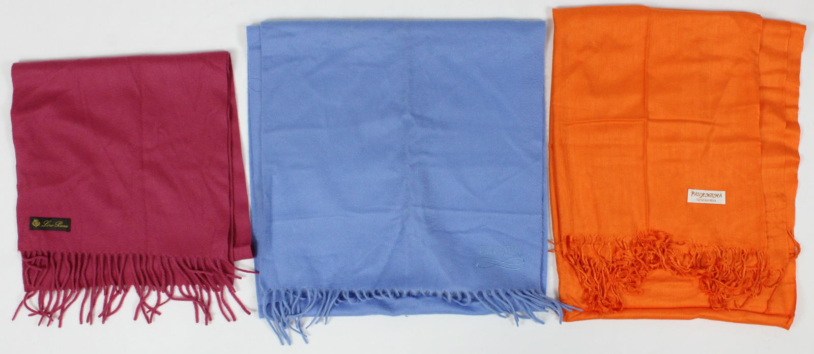 Three Pashmina, Cashmere Wool Scarves: Three wool scarves, Pashmina (100% pashmina), Loro Piano cashmere felt, Escada cashmere felt