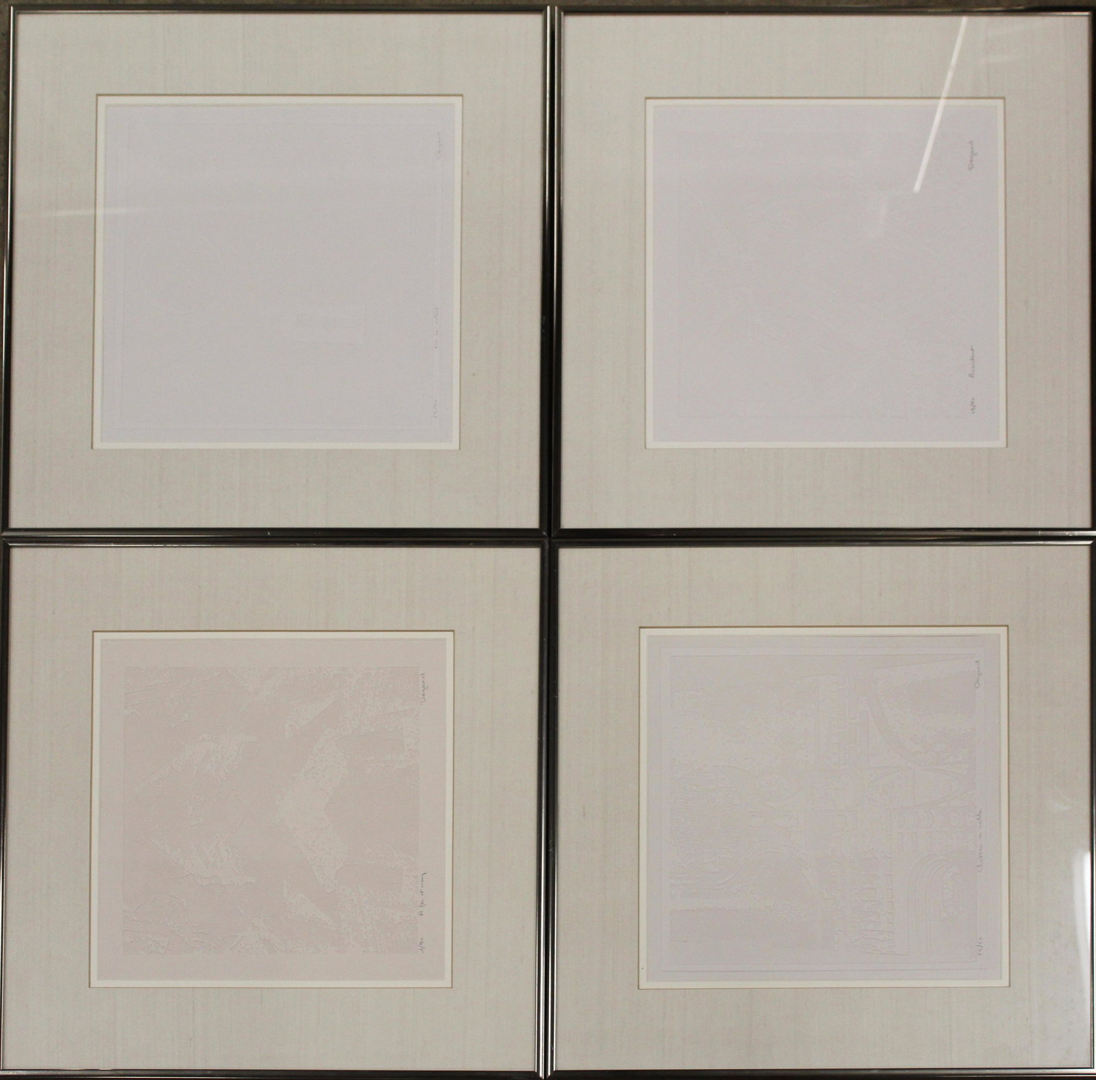 Michel Degand (FR 20th c) Four Intaglio prints: Michel Degand (French 20th c ) Four white block relief or intaglio press prints signed and editioned lower margin each 10 x 10"