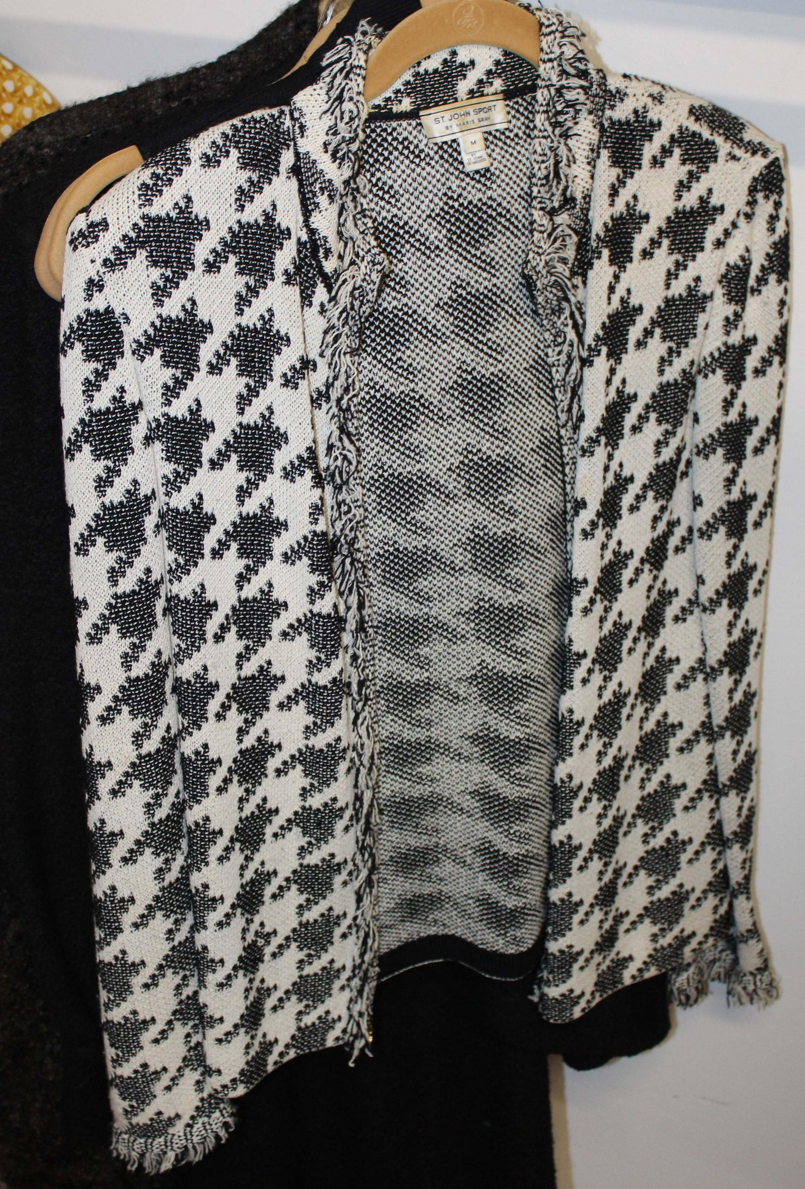 St. John Sport, Evening, and Basics Knitwear: St John Sport designer fashion black & white cardigan (size M, slight stains), sold with a St John Basics blue cardigan sweater and matching vest sweater (size M), and a St John Evening by Marie Gray 