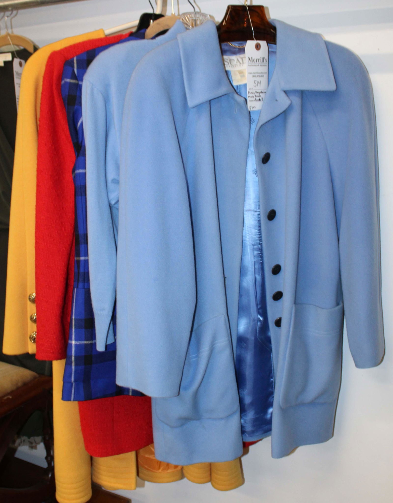 Escada, Borsato Jackets, Pierrette B Coat: Pierrette B designer fashion yellow wool coat (size 10), Two Escada Margaretha Ley blue wool jackets (both size 40), Mario Borsato Couture red tufted wool jacket (size 46), sold with an escada Margare