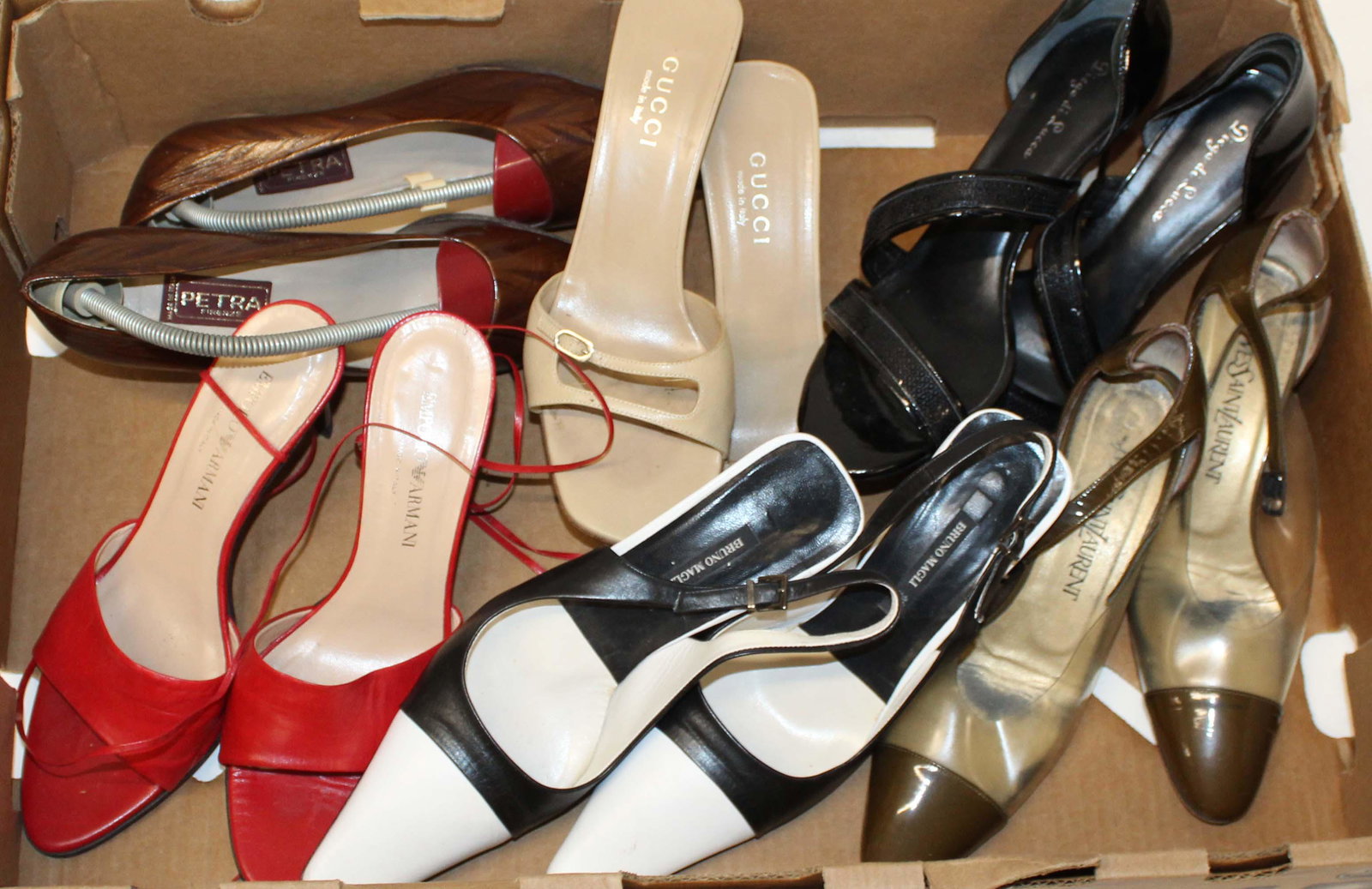 Designer Fashion Heels incl Armani, Gucci: Designer fashion slingback, heel shoes (6 pairs size 8 1/2, 39, 9 1/2), including Gucci, Armani, Bruno Gagli, Yves Saint Laurent, Petra Firenze, Diego di Lucca