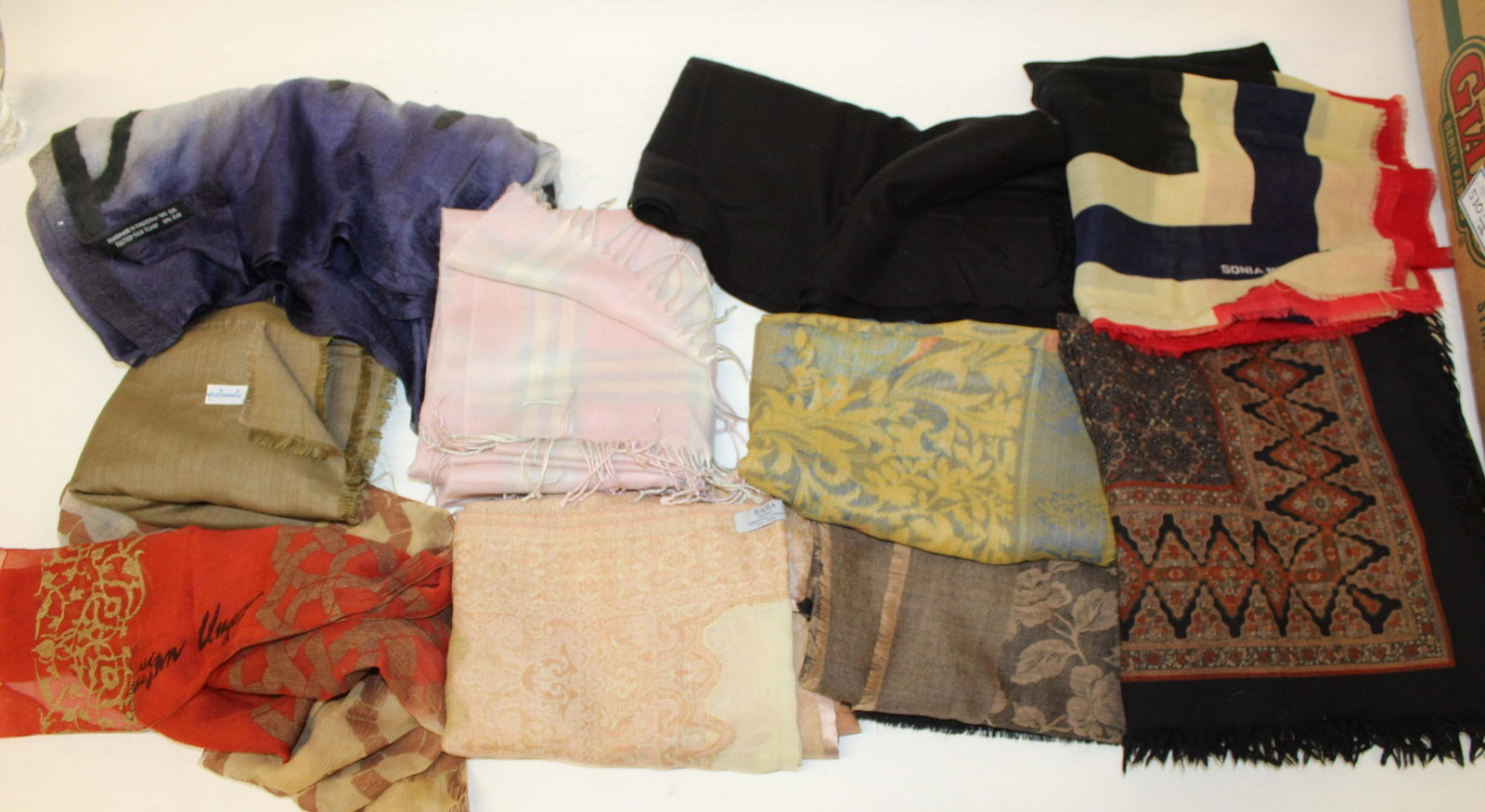 Ten Wool, Silk Scarves and Shawls: Ten Wool, silk scarves & shawls, Bajra Merino (handmade in Nepal), Kyrgyzstan Handmade Felted Silk, unlabeled Paisley, unlabeled black cashmere, Lord & Taylor, Susan Unger, Maisonaix, etc