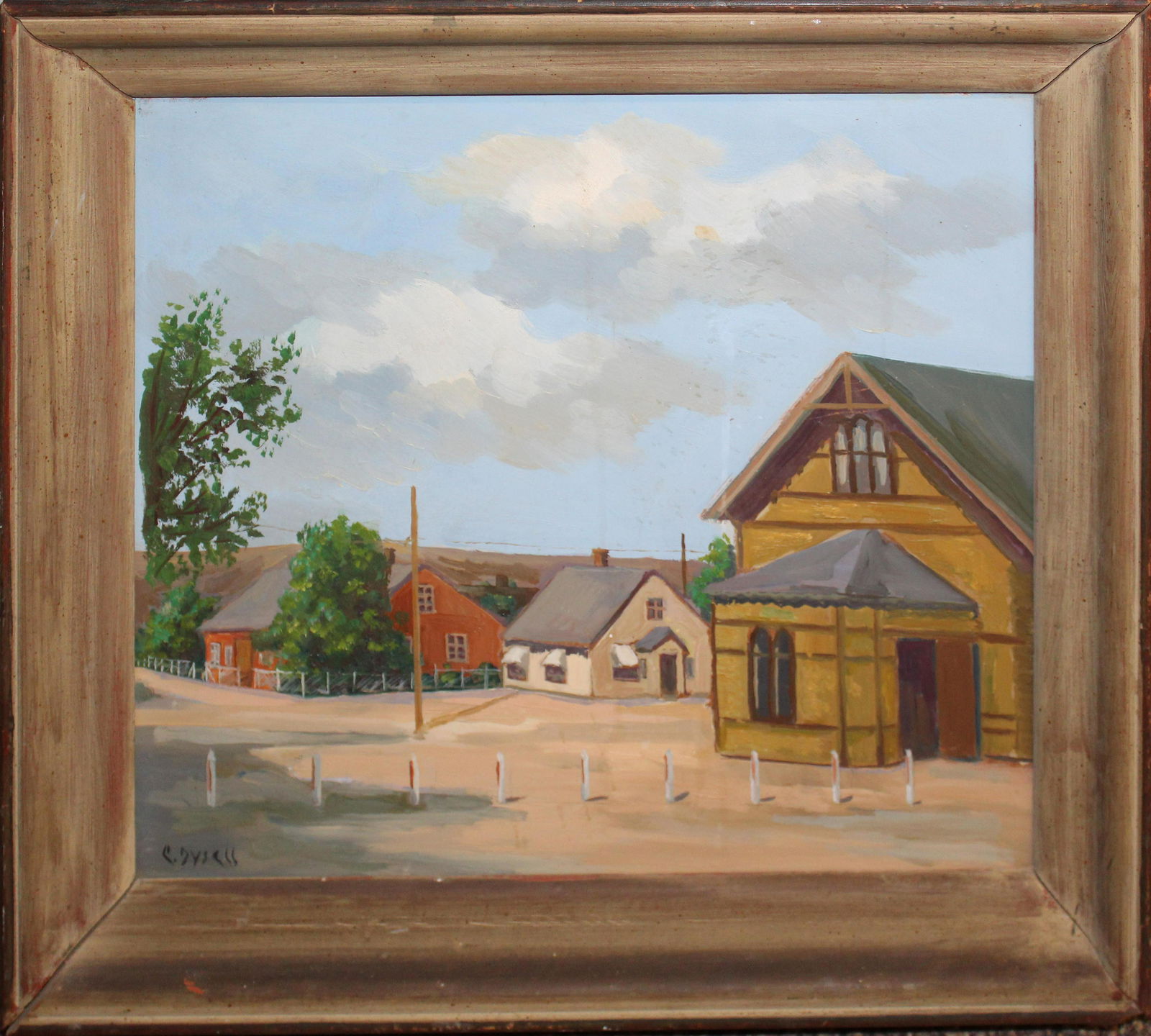 Clarence Dysell (DE 20th c ) The Depot: Clarence Dysell (German 20th c ) The Depot oil on masonite signed lower left with German materials tag reverse depicting train depot 14 x 16"
