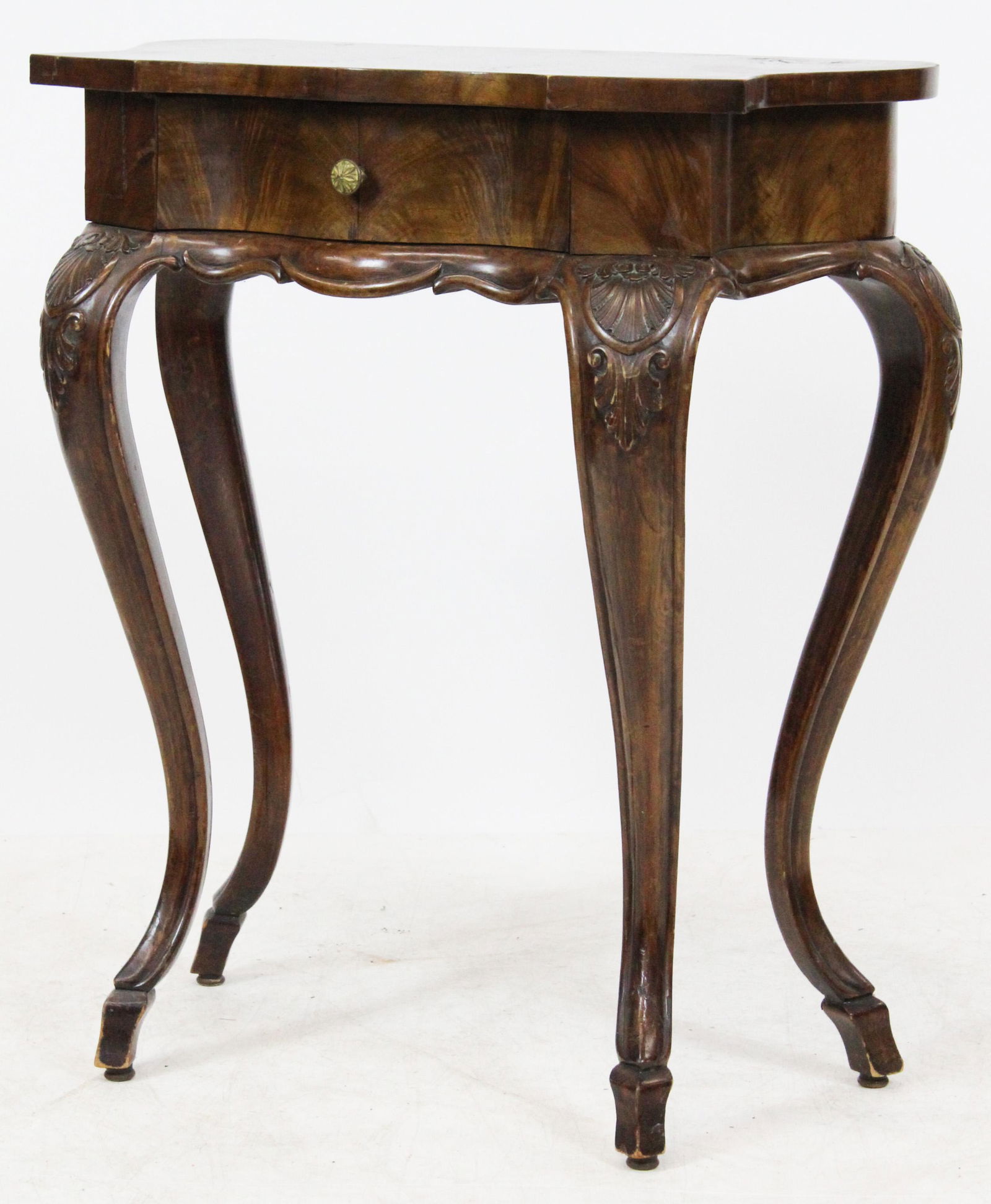 Revival Louis XVI One Drawer Side Table: A fine ca. 1900 Louis XVI one drawer side table. Serpentine front, burl & walnut veneer, cherry cabriole legs with shell carving and slipper feet. Petite size. 26" wide, 30" h, 14" deep.
