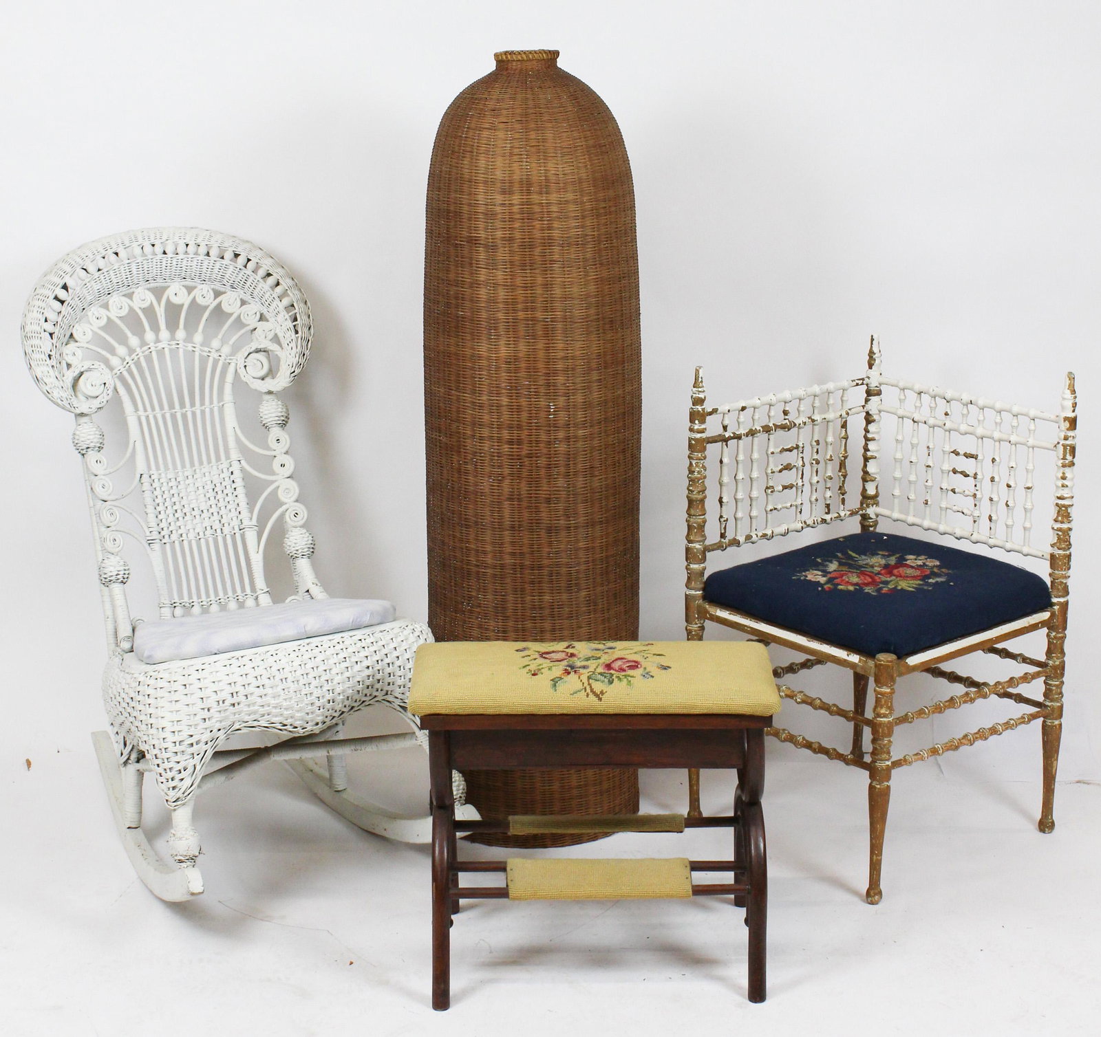 Wicker Rocker, Corner Chair, Bench, Basket: Wicker rocker, corner chair, bench, long open basket