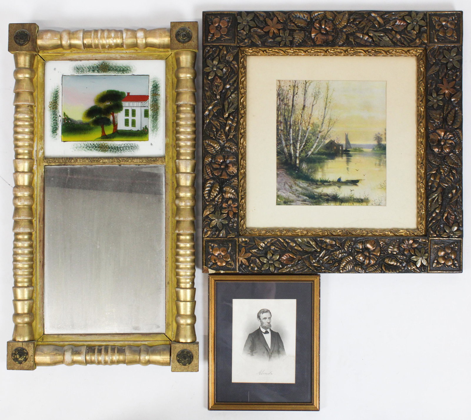Mirror, Bookends, Doorstop, Stone Fruit: Sheraton split panel mirror, bookends, stone fruit, small books,, small clock, doorstop, framed print, cut glass bowls, etc