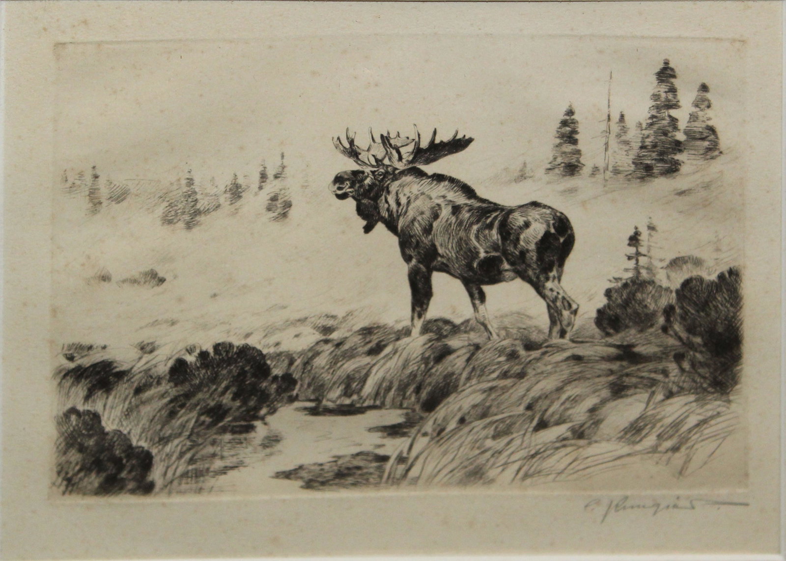Carl Rungius (AM 1869-1959) Morning Mist: Carl Rungius (American 1869-1959) Morning Mist circa 1925 etching and drypoint plate 6 x 8" pencil signed lower marign