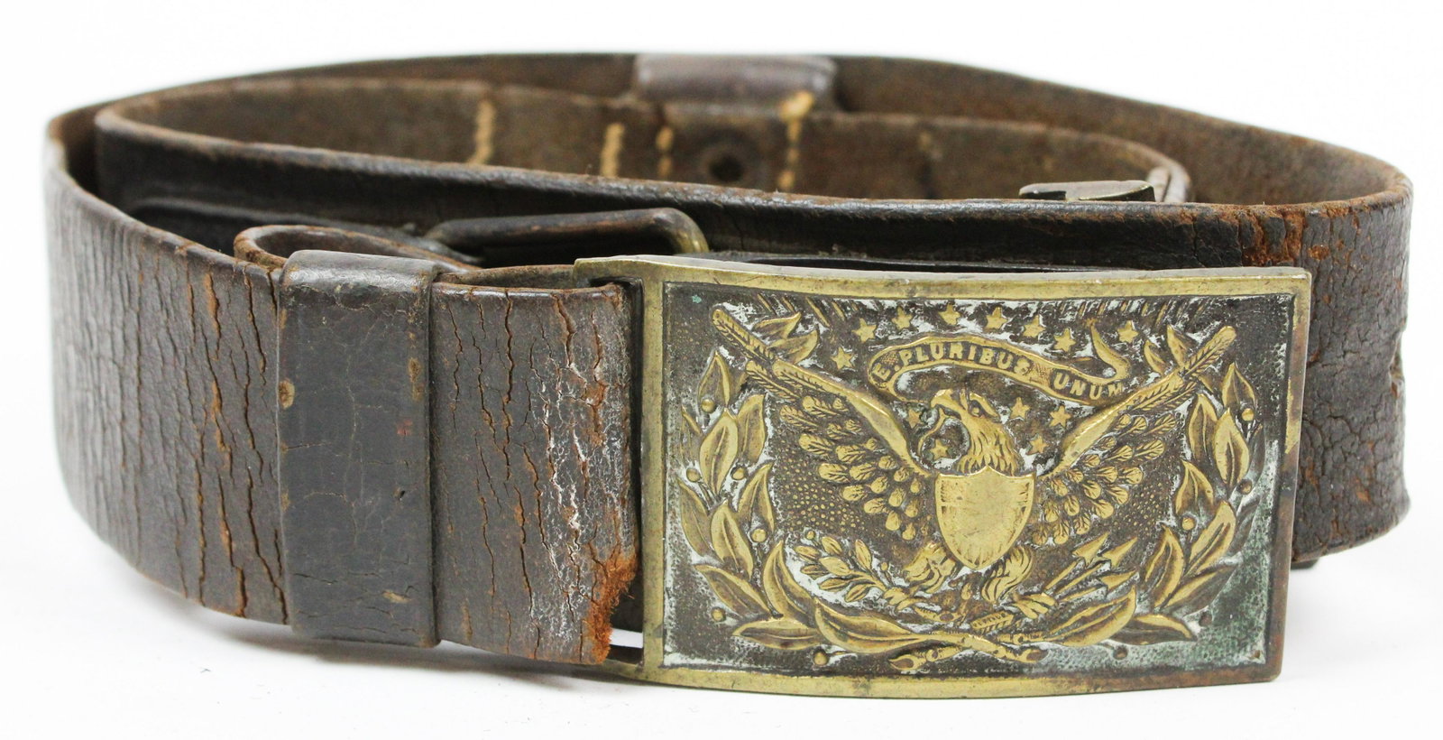 Pattern 1851 US NCO Belt Plate and Belt: Pattern 1851 US NCO belt plate and belt, eagle with wreath, remnants of sword hanger, rectangular brass plate 1 7/8" x 3 1/8"