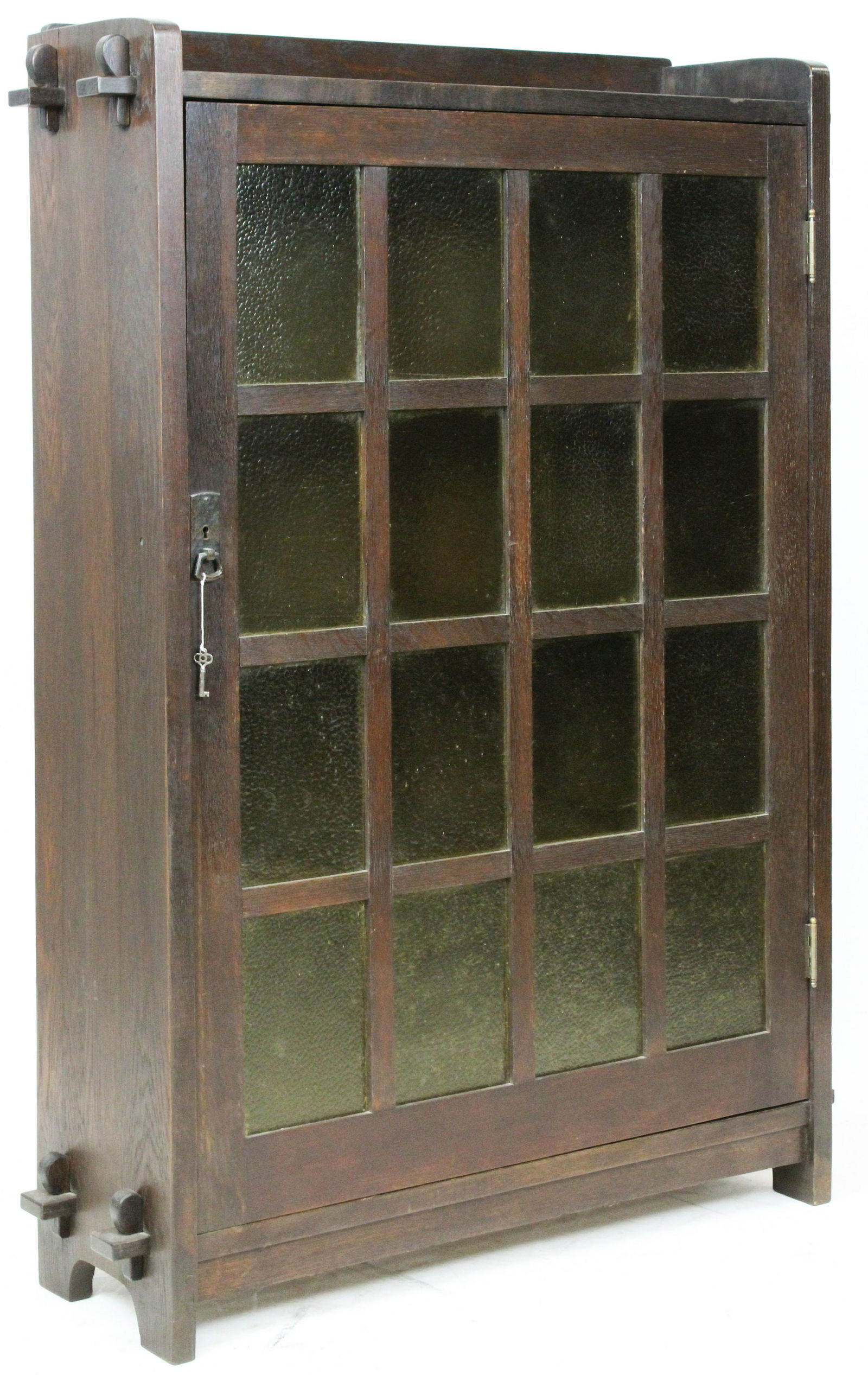 L.& J.G. Stickley Mission Oak 1 Door Bookcase: Signed L. & J. G. Stickley Mission style Arts and Crafts era oak bookcase having pegged 16 pane glazed door, sides with keyed through tenon construction, red clamp decal mark on interior left side 55.