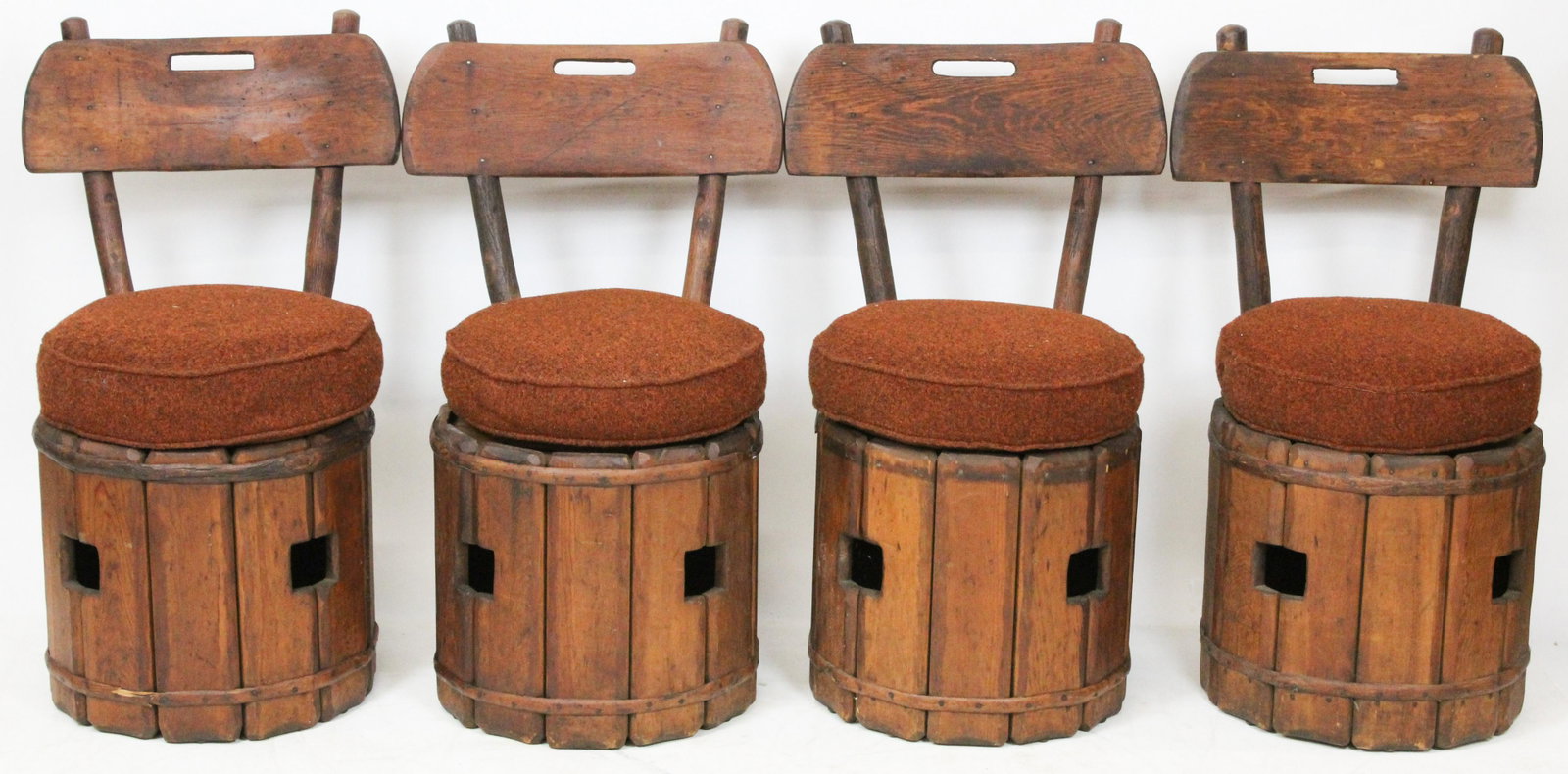 4 Old Hickory Rustic Dining Chairs: Old Hickory Martinsville, Indiana rustic dining chairs with barrel form seats and slat backs, signed with branded mark and cloth label, with rust colored tweed cushions -split to one top rail 33" x 20
