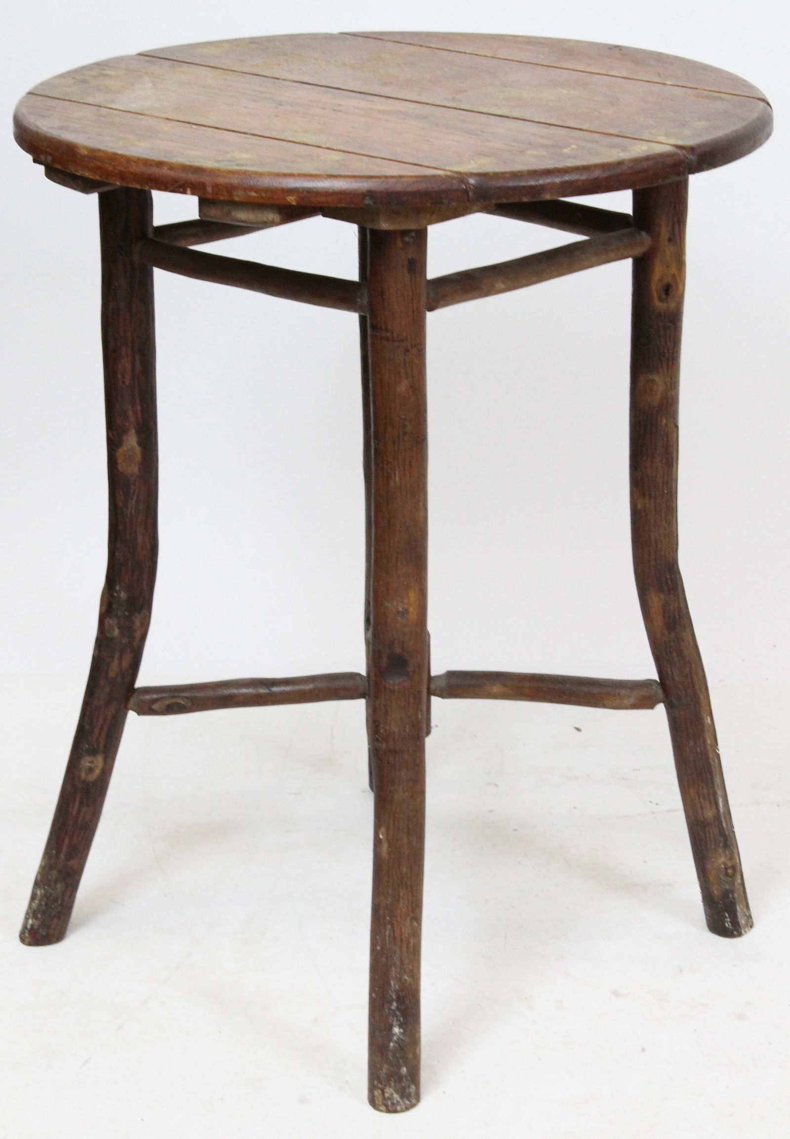 Old Hickory Rustic Round Top End Table: Old Hickory Martinsville, Indiana rustic round end table or parlor table with oak plank top -some wear to original finish 30" x 23.75"