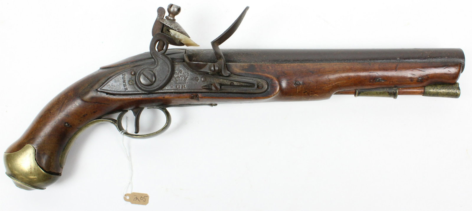 Circa 1770 British Light Dragoon Pistol: Circa 1770 British Tower Light Dragoon Pistol with wooden ramrod Branded HB on stock with appropriate marks and proofs, Losses to ramrod, oxidation consistant with firing, .69 Cal 9" barrel 16" overal