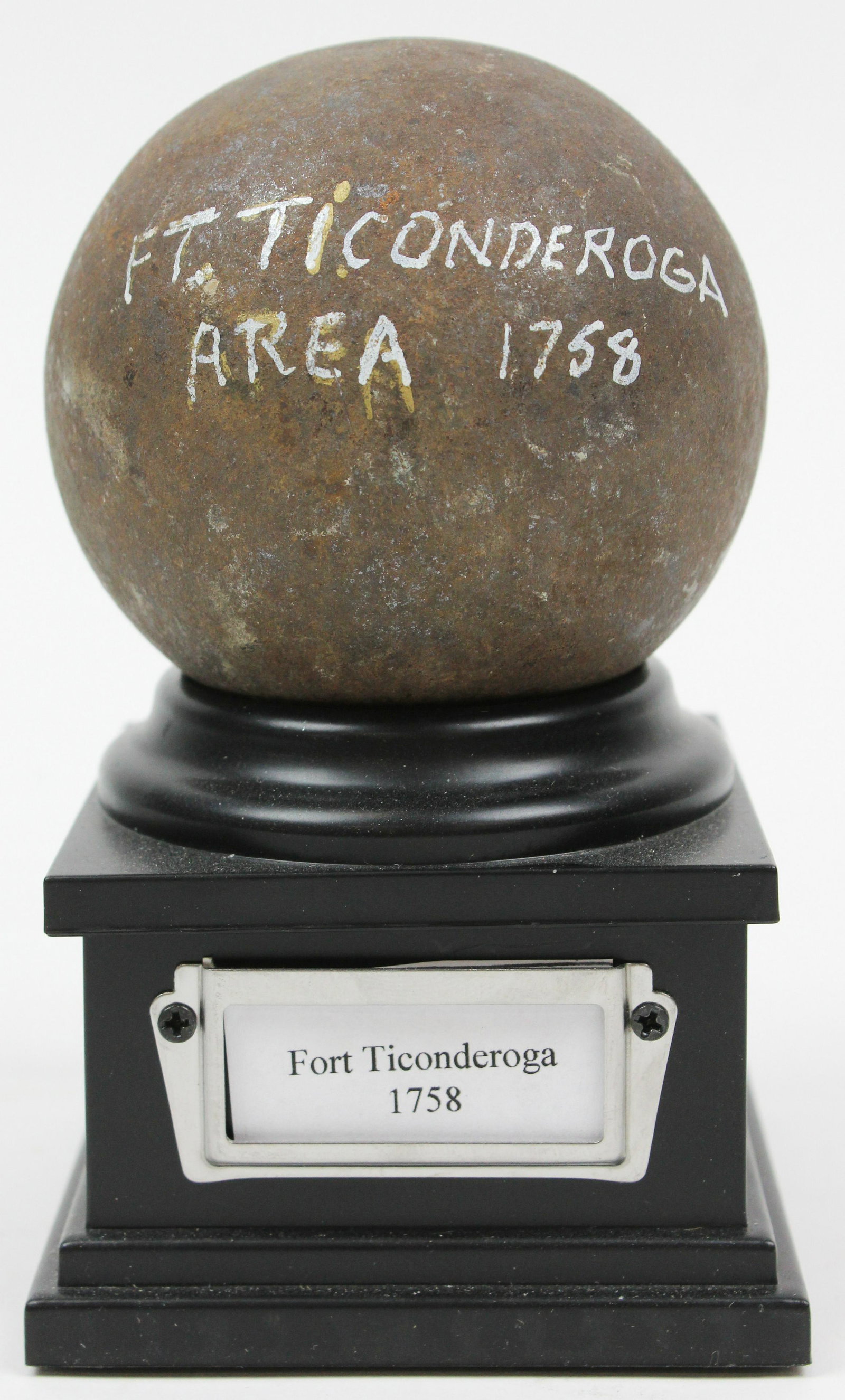 French & Indian War 4 Pound Cannon Ball: 1758 French & Indian War 4 pound cannon ball recovered from the Fort Ticonderoga area, from the collection of Stephen R Allen of Plattsburgh, NY- purchased directly from Craig Lonergan of Ticonderoga,