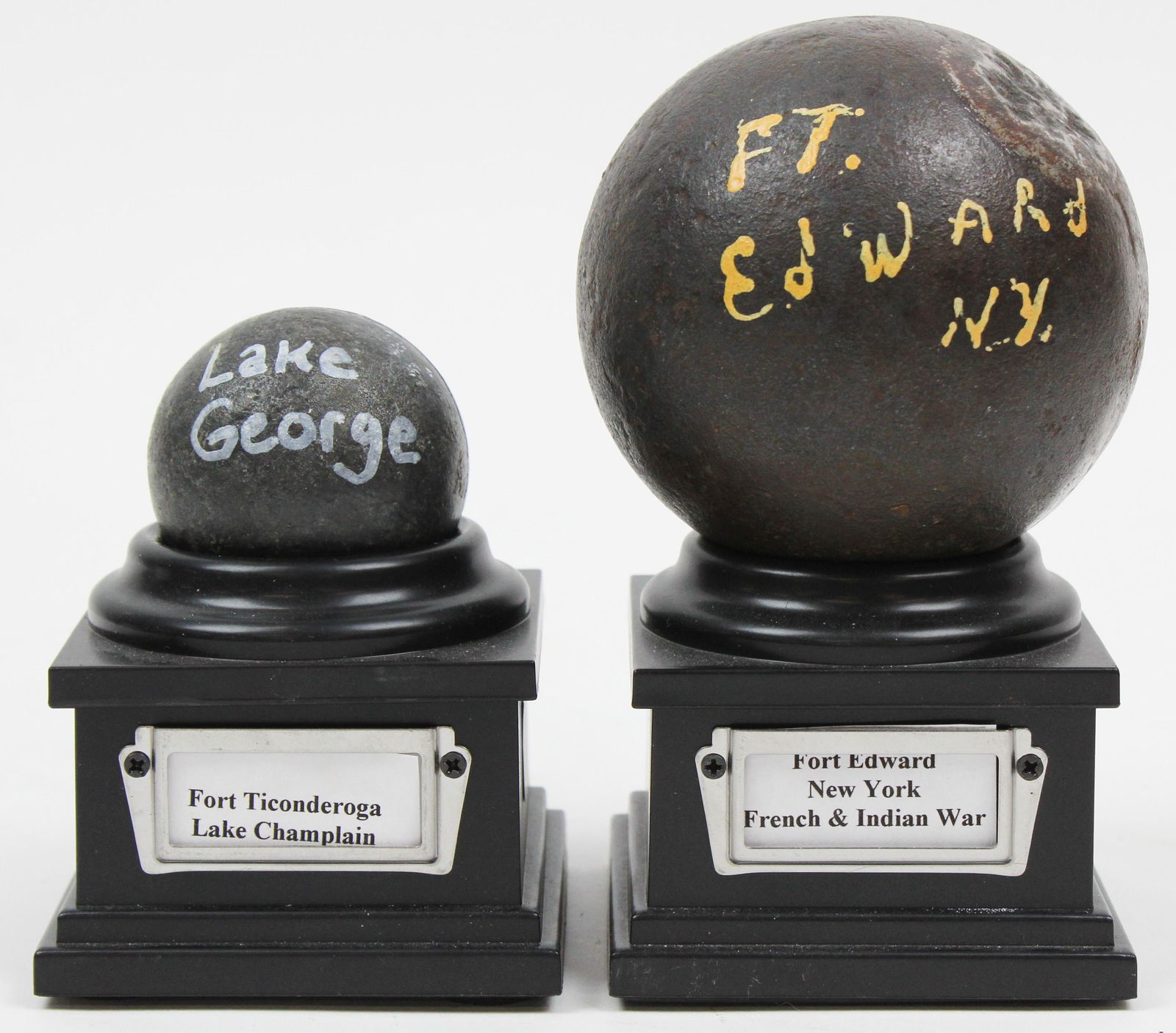 2 Fort Edward, Lake George Cannon Balls: Fort Edward 6 pound cannon ball, sold with a Lake George 1 pound cannon ball, from the collection of Stephen R Allen of Plattsburgh, NY- the first purchased on ebay in 2018, the second purchased form