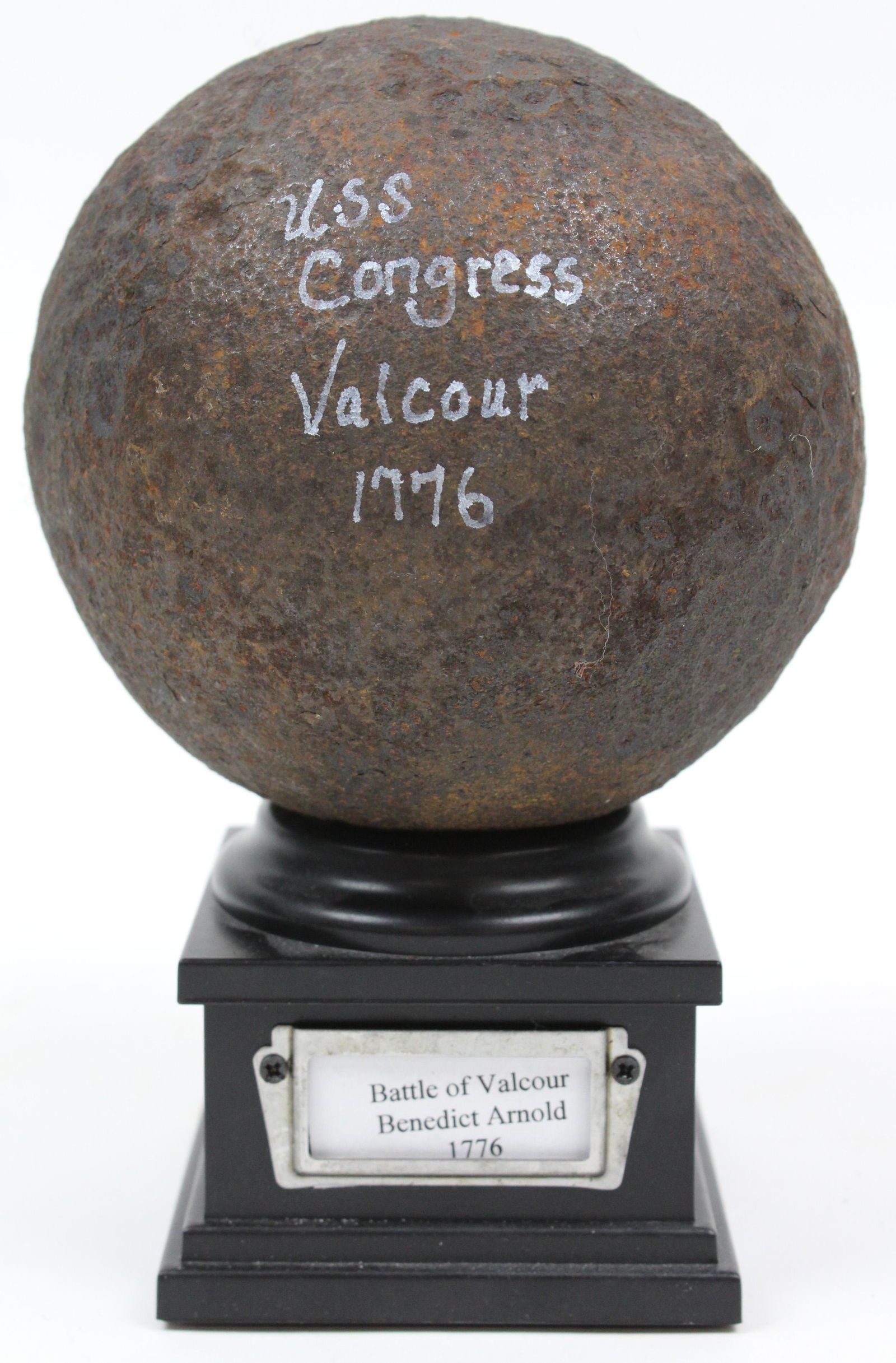 Battle of Valcour Island 12 pound Cannon Ball: 1776 Battle of Valcour Island 12 pound cannon ball recovered from Benedict Arnold's flagship, the galley "Congress", from the collection of Stephen R Allen of Plattsburgh, NY- bought by Professor Jame