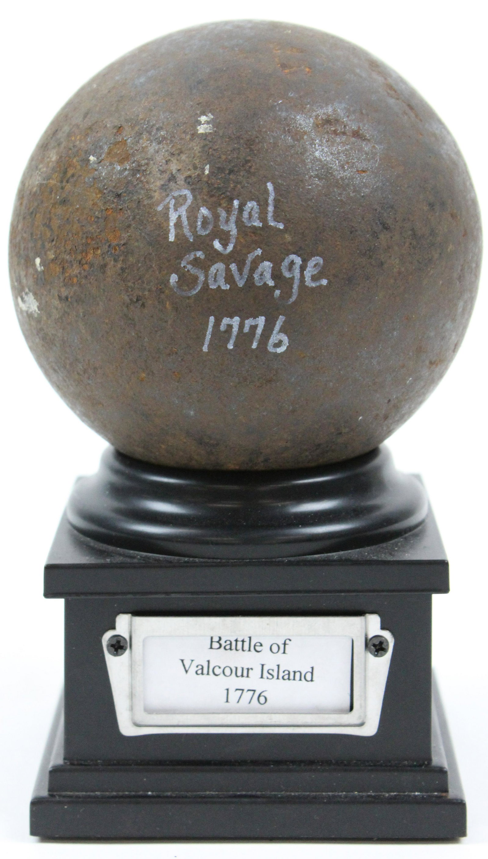 Battle of Valcour Island 6 pound Cannon Ball: 1776 Battle of Valcour Island 6 pound cannon ball from the "Royal Savage", sunk off the southern tip of Valcour Island, from the collection of Stephen R Allen of Plattsburgh, NY- bought by Professor j