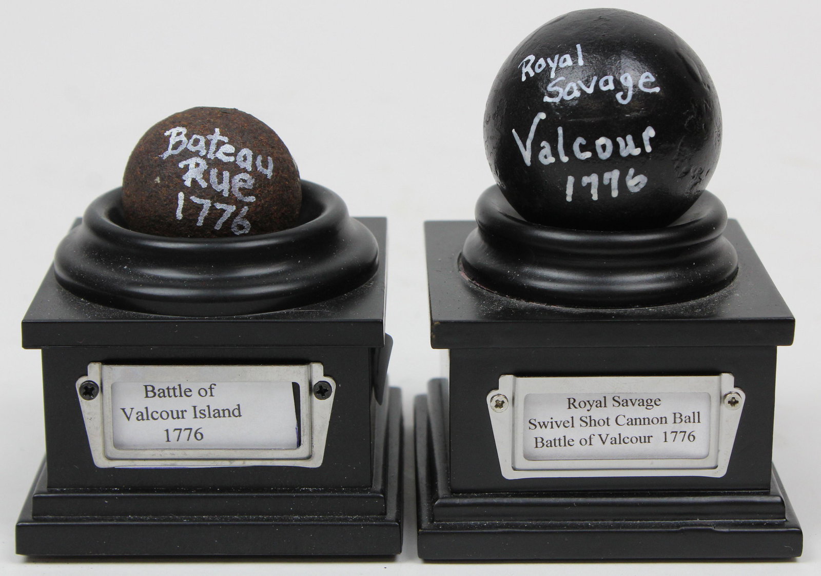 2 Battle of Valcour Island Cannon Balls: Two 1776 Battle of Valcour Island cannon balls- a 3/4 pound cannon ball from the Bateau Rue sold with a 2 pound swivel gun cannon ball from the "Royal Savage", from the collection of Stephen R Allen o