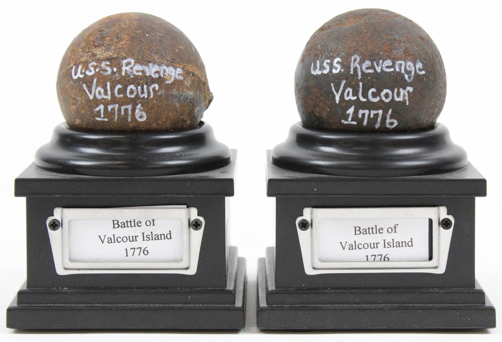 2 Battle of Valcour Island 2 pounder Shot Balls: Two 1776 Battle of Valcour Island 2 pound cannon balls, from the Schooner "Revenge", from the collection of Stephen R Allen of Plattsburgh, NY- from the James Dunn Collection, puchased on ebay, (Allen