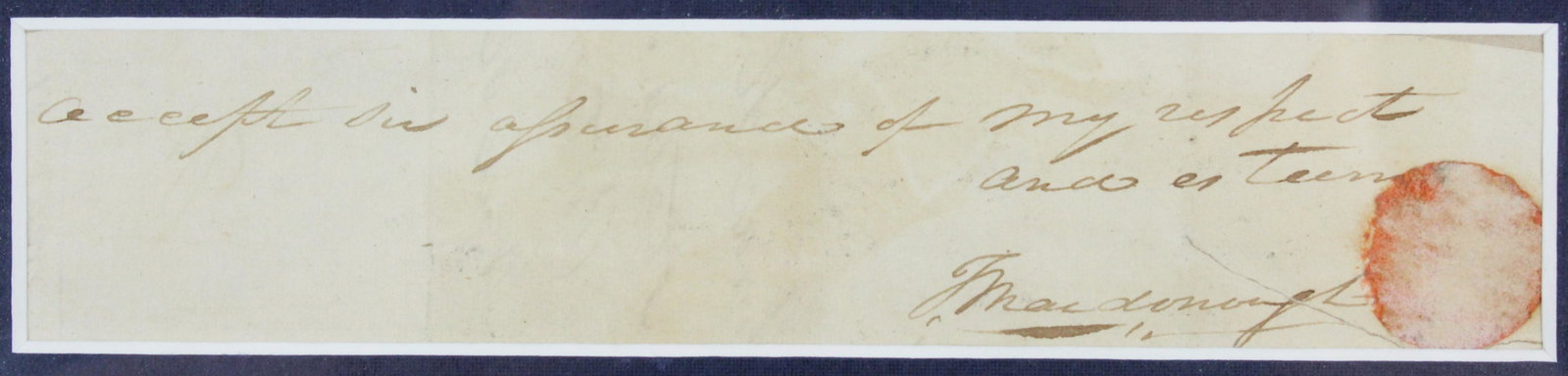 Thomas Macdonough: (1783- 1825) US War of 1812 Naval Commander and Hero of Lake Champlain Commodore Thomas Macdonough book plate engraving and cut signature (sight 1 1/2" x 6 1/2"), book plate engraving by J B Forrest, 