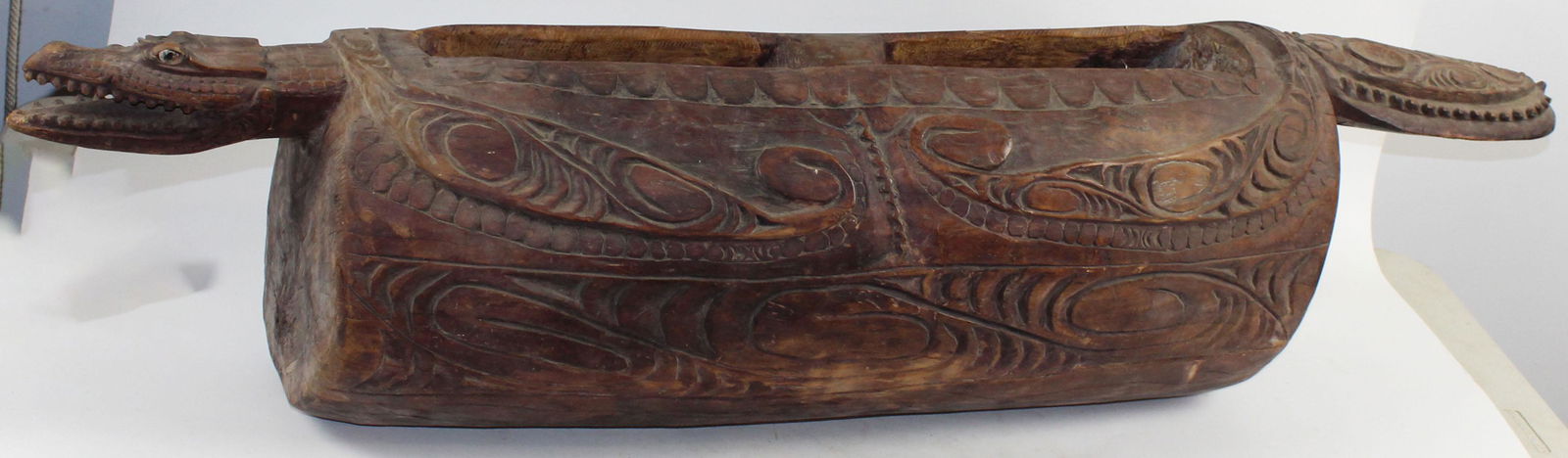 20th c Sepik River Drum with Crocodile: 20th c Sepik River, Papua New Guinea drum with crocodilian form handle 56 x 12 x 10"