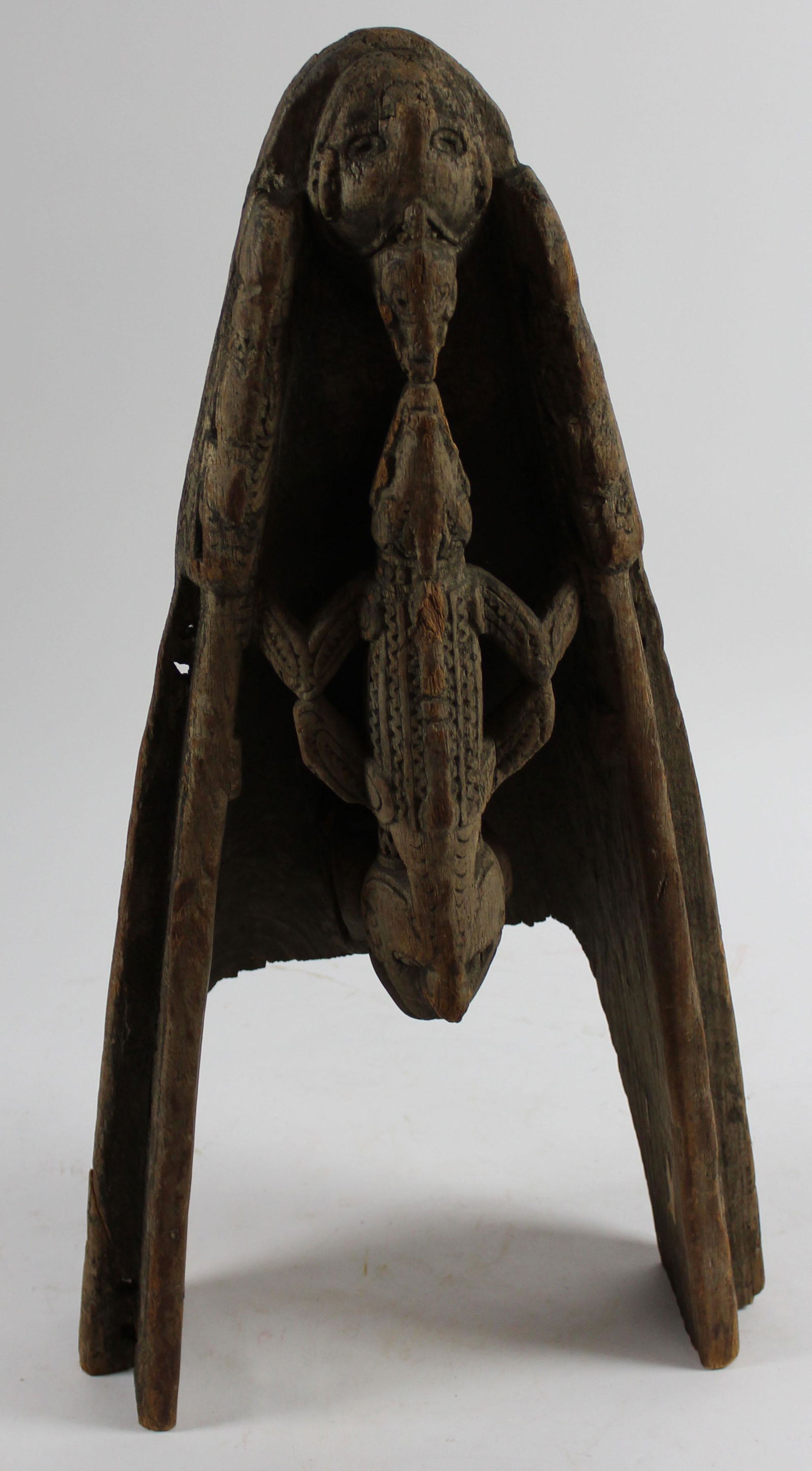 Sepik River Canoe Prow: Early 20th c Sepik River Canoe Prow with crocodile and other mythological forms, 28" high