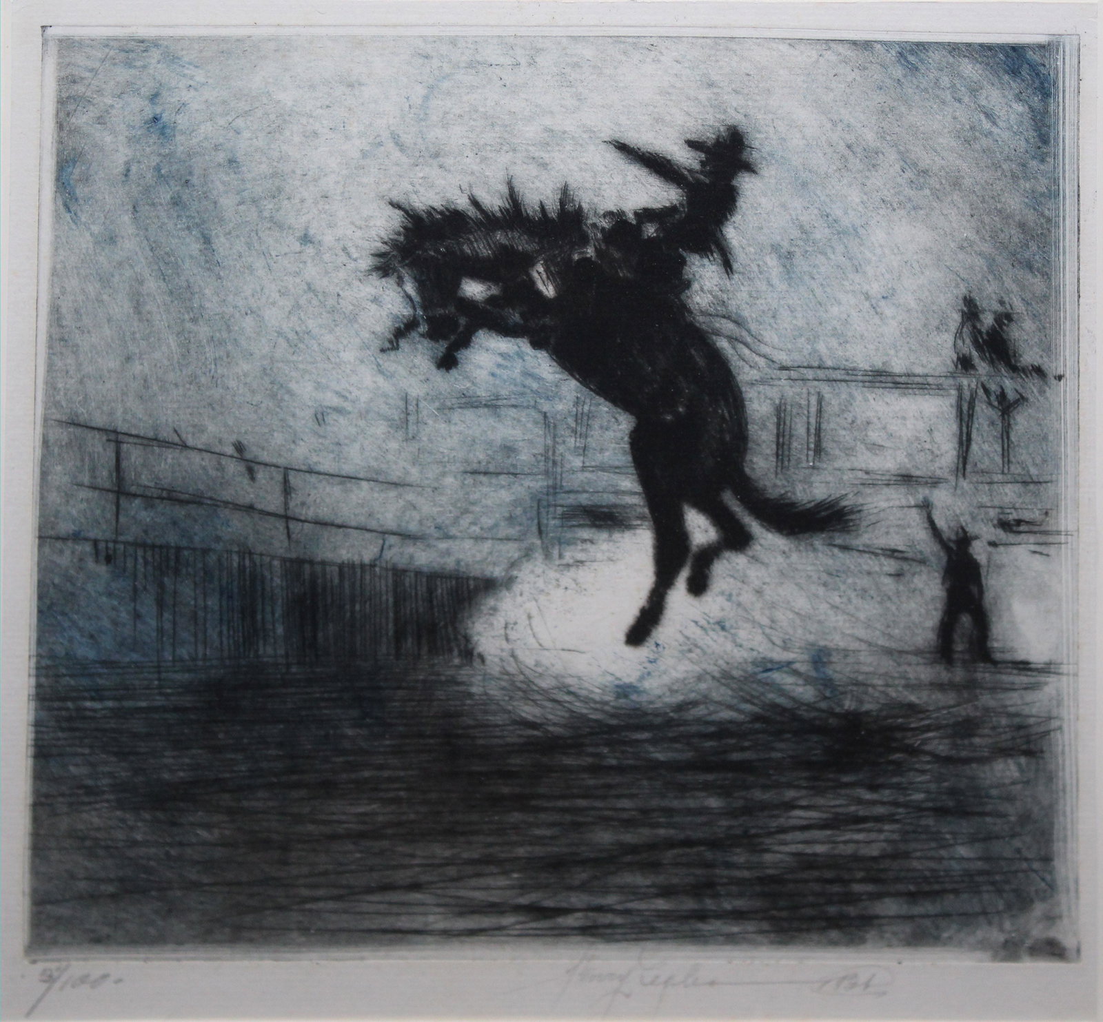 Henry Zegler (AM 20th c) Bronco: Henry Zegler (American 20th c) Bronco 1921 engraving and aquatint on paper singed lower right 11 x 11"