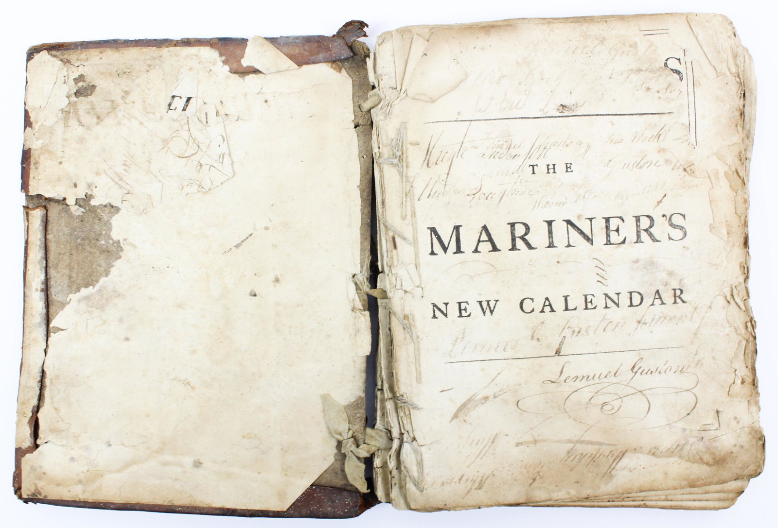 1760 Colson The Mariner's New Calendar: 1760 Nathaniel Colson "The Mariner's New Calendar", London, lacking the figure of the mariner's compass engraving, pgs 19-20, 81-88 missing, several pages bound in out of order, leather cover rough, s
