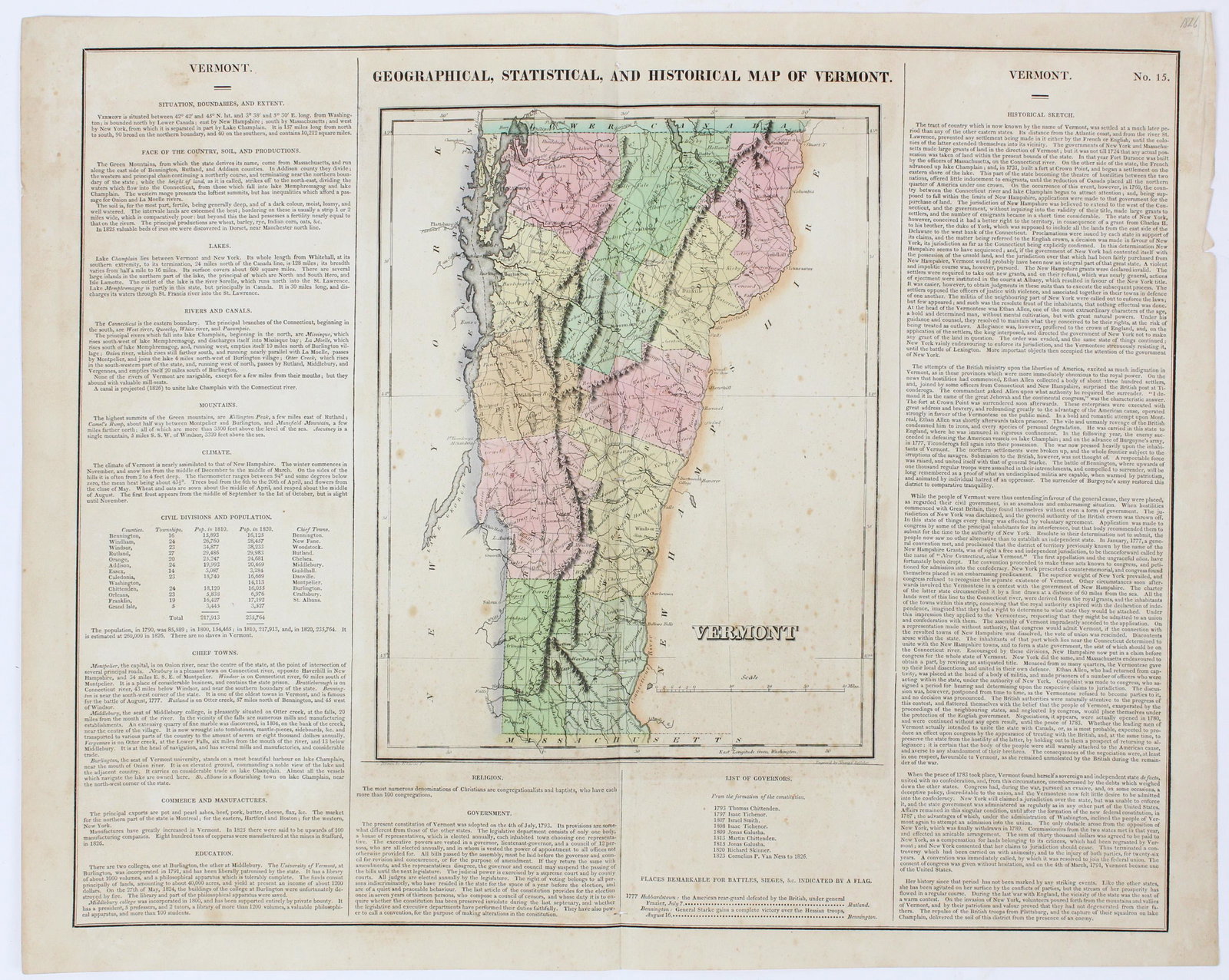 1826 Geographical Map of Vermont: 1826 hand-colored Geographical, Statistical, & Historical map of Vermont, engraved by Young & Delleker, Carey & Lea atlas page, creased, unframed, 17 3/4" x 22 1/4"