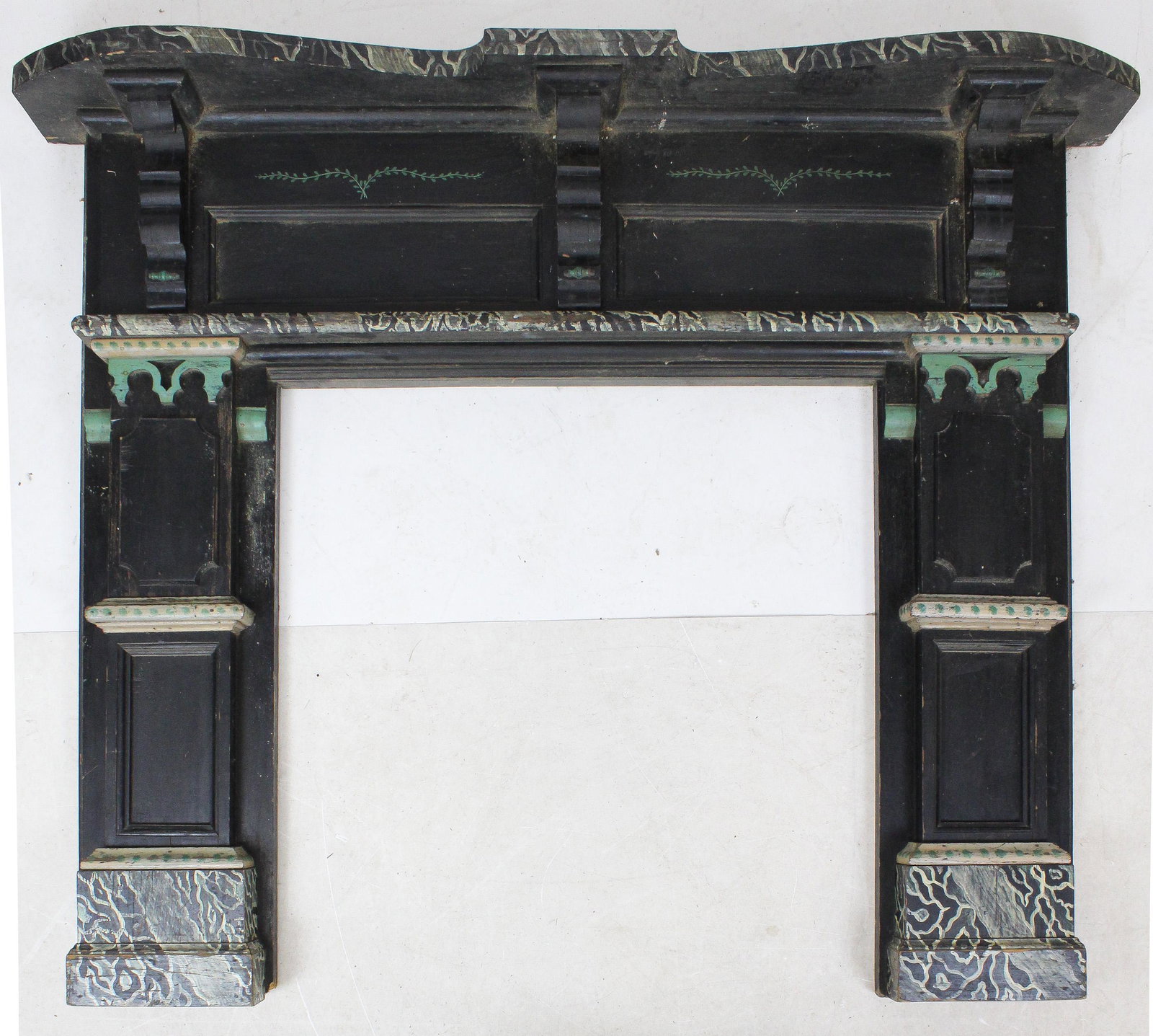 Folky Victorian Marbleized Soft Wood Mantel: 19th c. Victorian mantelpiece with applied gingerbread having naieve folky marbleized paint decoration 54" x 52" x 9"
