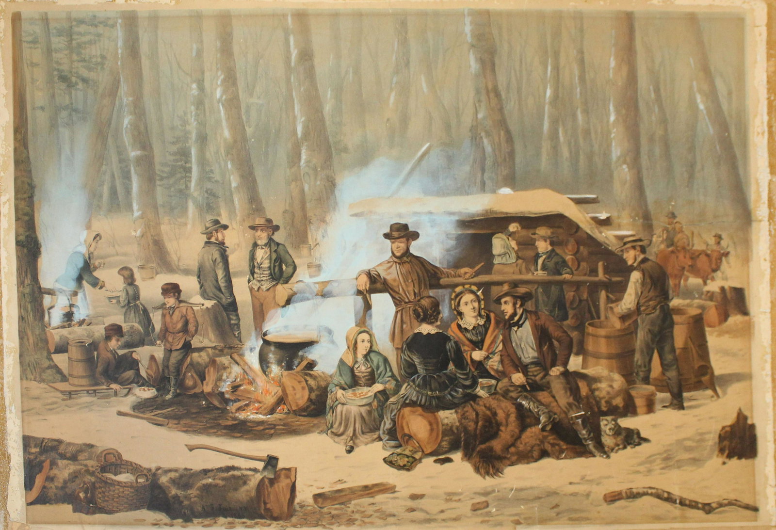 Currier and Ives "Forest Scenes - Maple Sugaring": Currier and Ives "American Forest Scenes- Maple Sugaring" handcolored lithograph on paper in walnut frame. Lithograph has been trimmed down to approx 20 x 28" and laid down on a mat board with an olde
