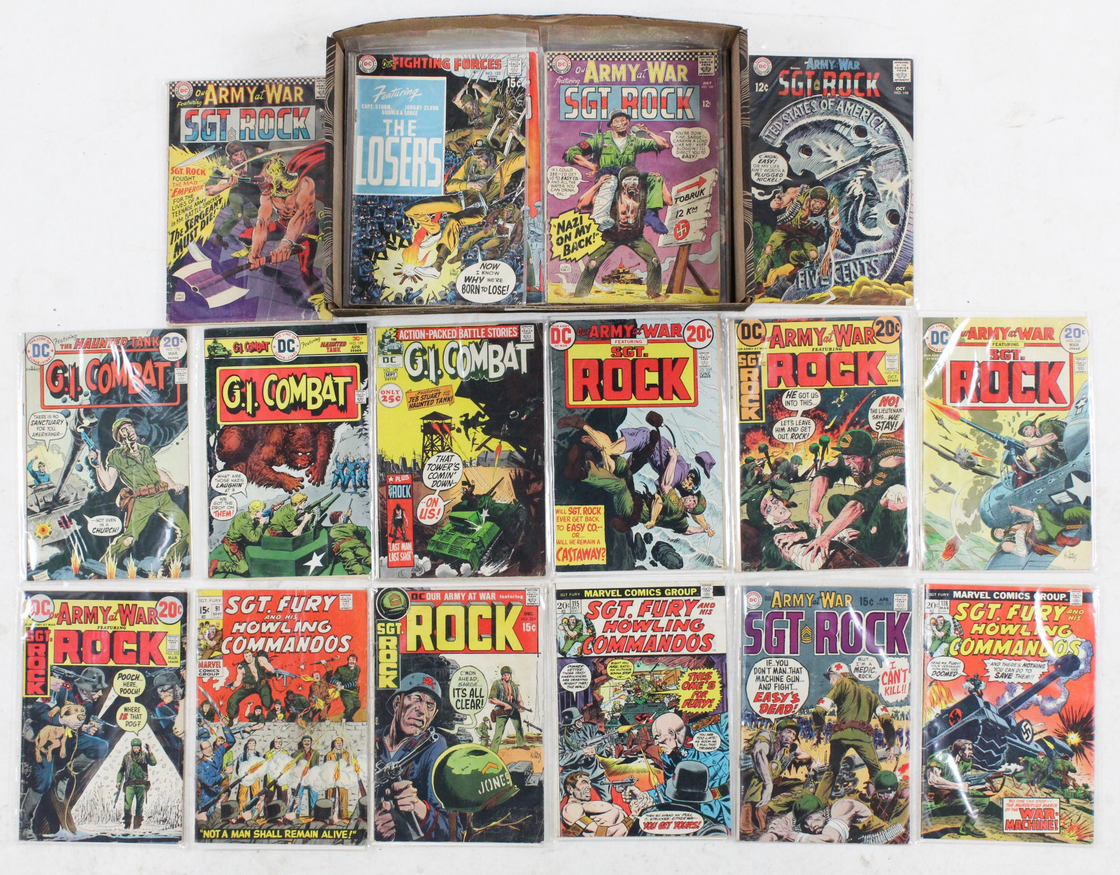 War Silver and Bronze Age Comics: Silver & Bronze Age War comic books (39 pcs), DC & Marvel, incluing Sgt Fury, Weird War, Sgt Rock, Our Army at War, etc, some with tears, stray pen marks