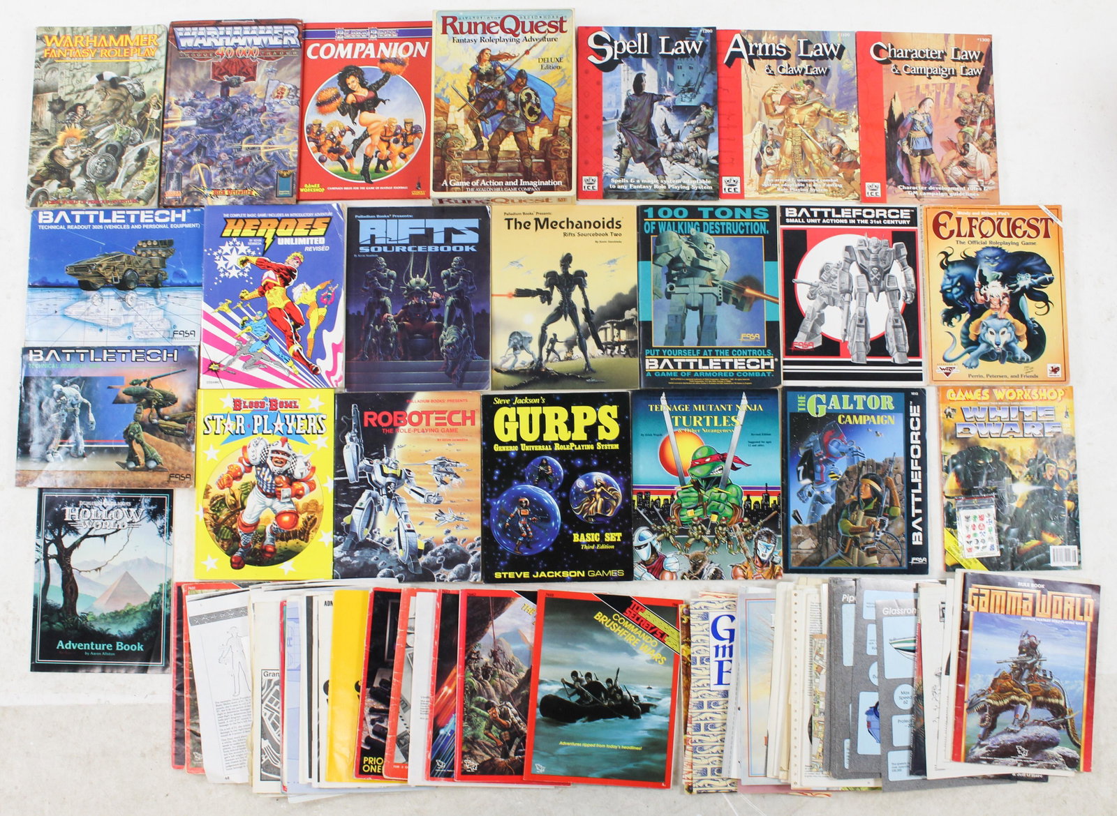 Role Playing Books, Modules: Role Playing books, modules Including Battletech, RuneQuest, Elf Quest, GURPS, Ninja Turtles and Other Weirdness; Bloodbowl, Top Secret, Heroes Inc. Etc. Most from the 1980's and 1990's uncollated.